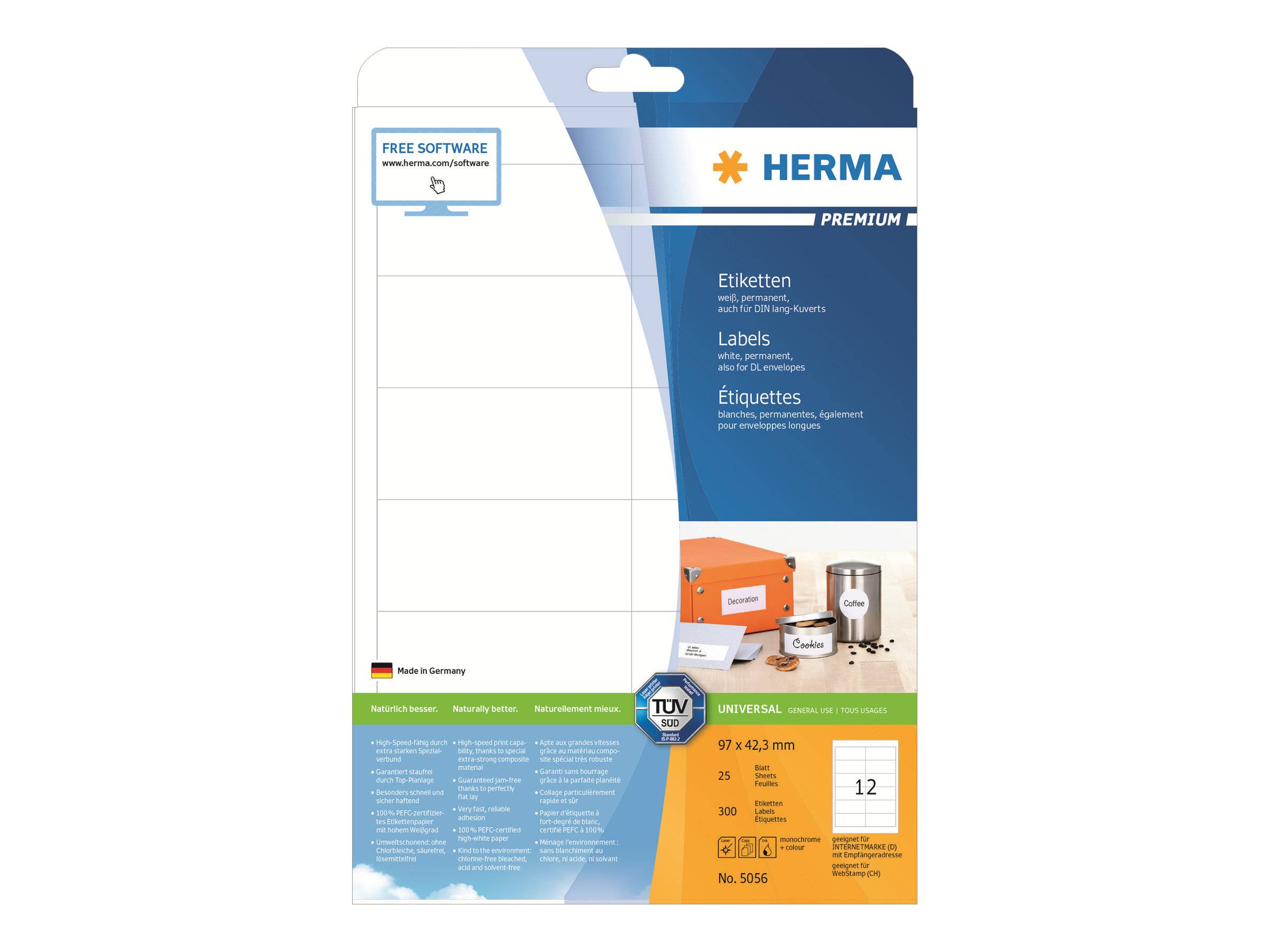 HERMA Etiketten Premium A4 weiß 97x42,3 mm Papier 300 St. - 5056