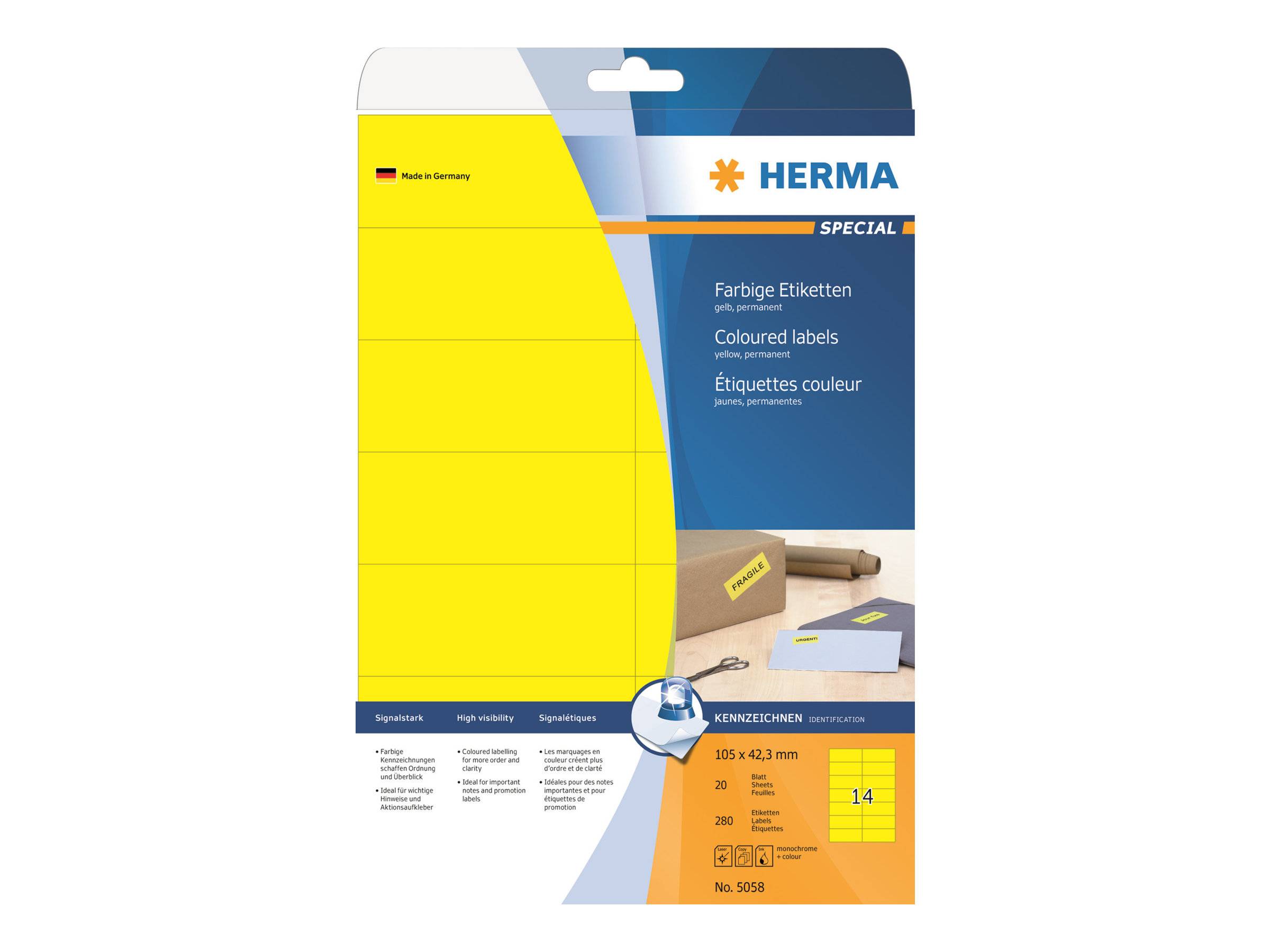 HERMA Etiketten A4 gelb 105x42,3 mm Papier matt 280 St. - 5058