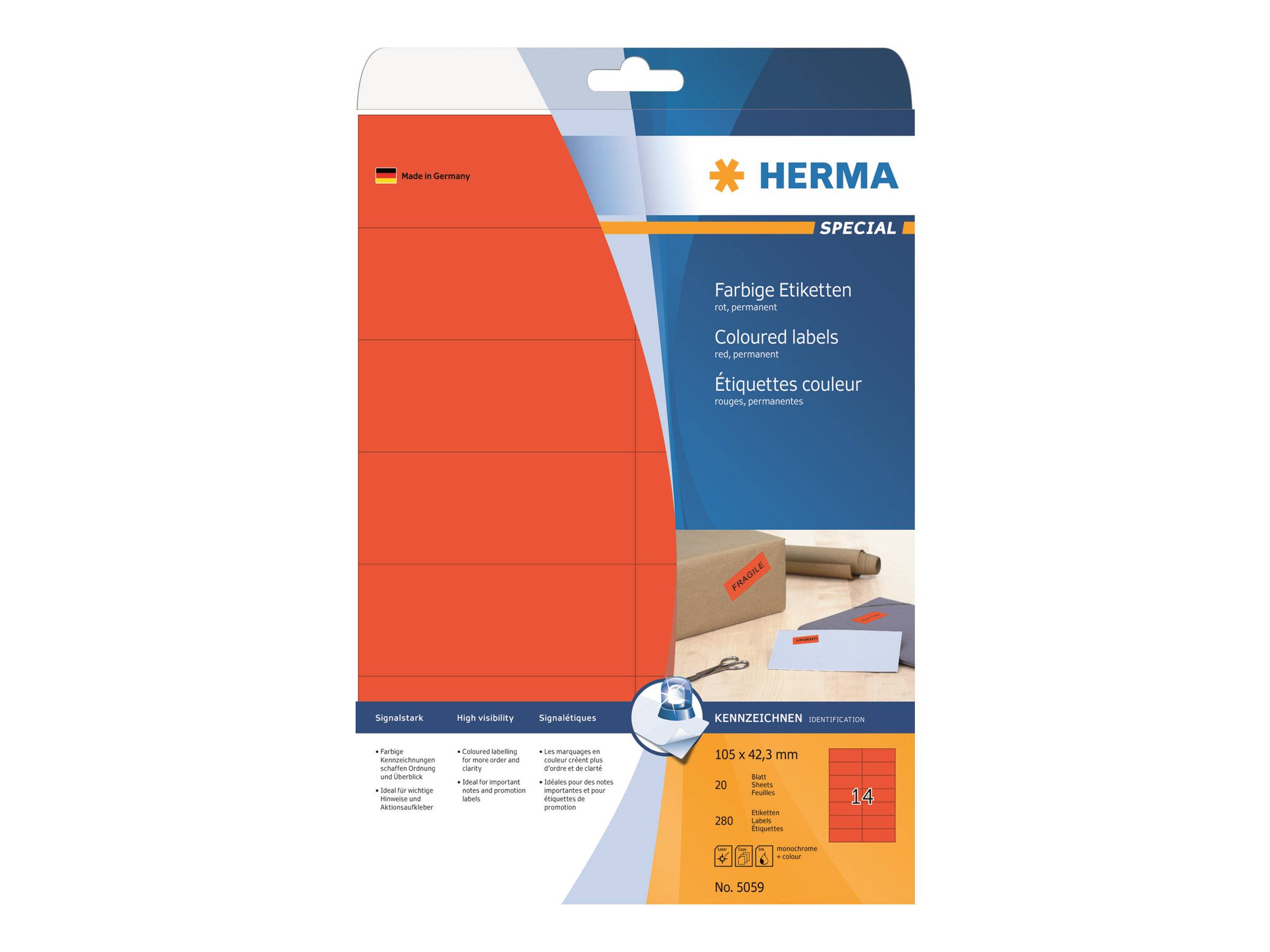 HERMA Etiketten A4 rot 105x42,3 mm Papier matt 280 St. - 5059