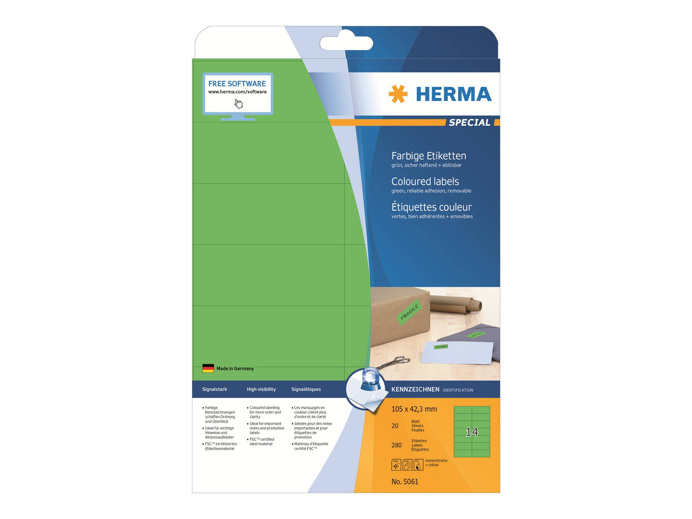 HERMA Etiketten A4 grün 105x42,3 mm Papier matt 280 St. - 5061