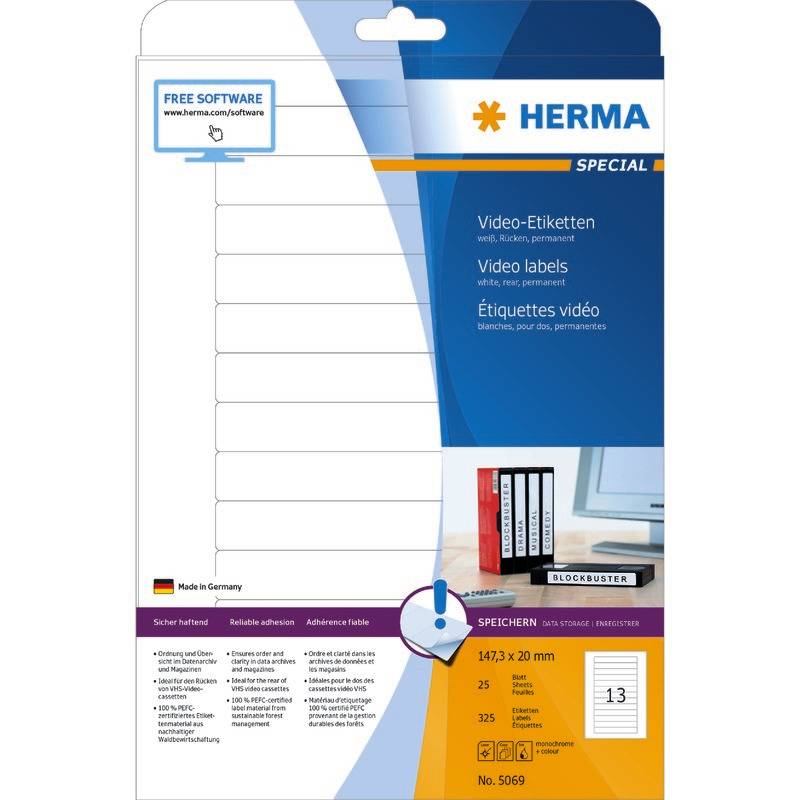 HERMA Video-Etiketten A4 weiß 147,3x20 mm Papier 325 St. - 5069