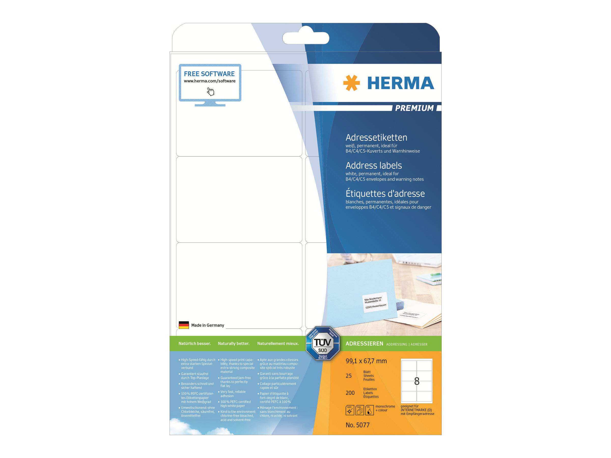 HERMA Adressetiketten A4 weiß 99,1x67,7 mm Papier 200 St. - 5077