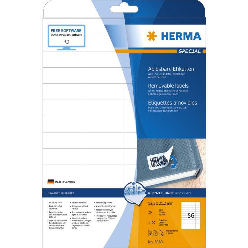 HERMA Etik. A4 weiß 52,5x21,2 mm ablösbar Papier 1400 St. - 5080