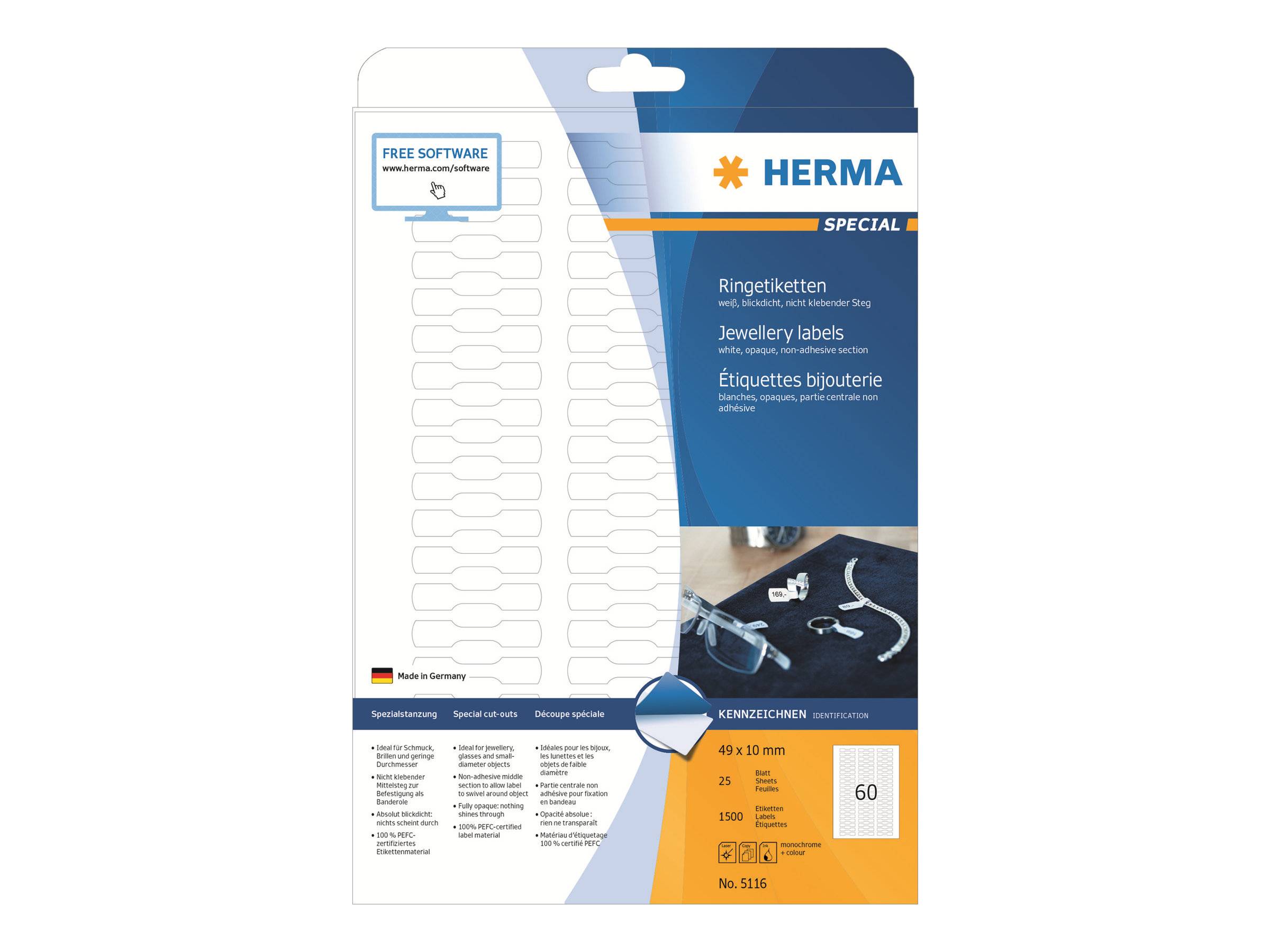 HERMA Ringetiketten A4 weiß 49x10 mm Papier opak 1500 St. - 5116