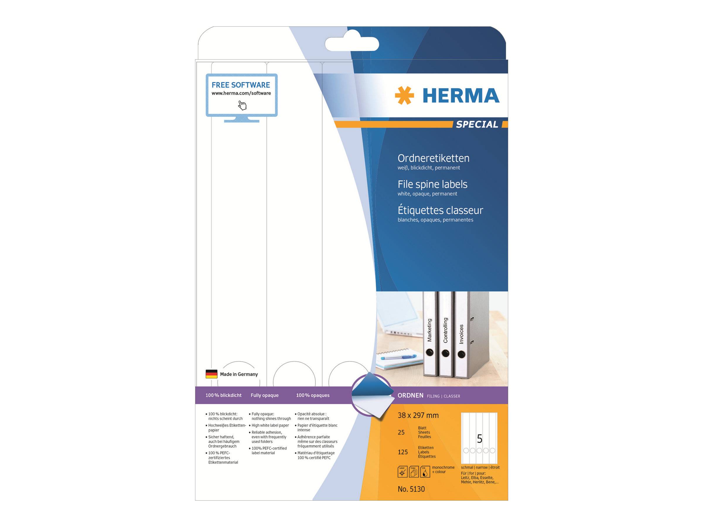 HERMA Ordneretiketten A4 weiß 38x297 mm Papier opak 125 St. - 5130