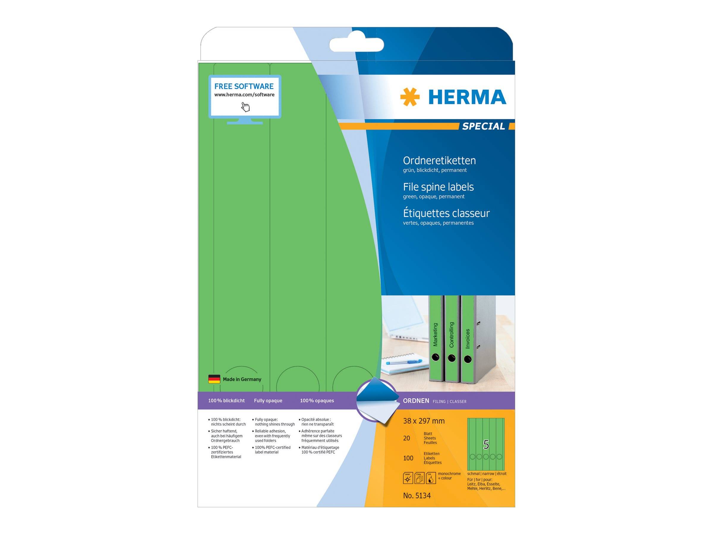 HERMA Ordneretiketten A4 grün 38x297 mm Papier opak 100 St. - 5134