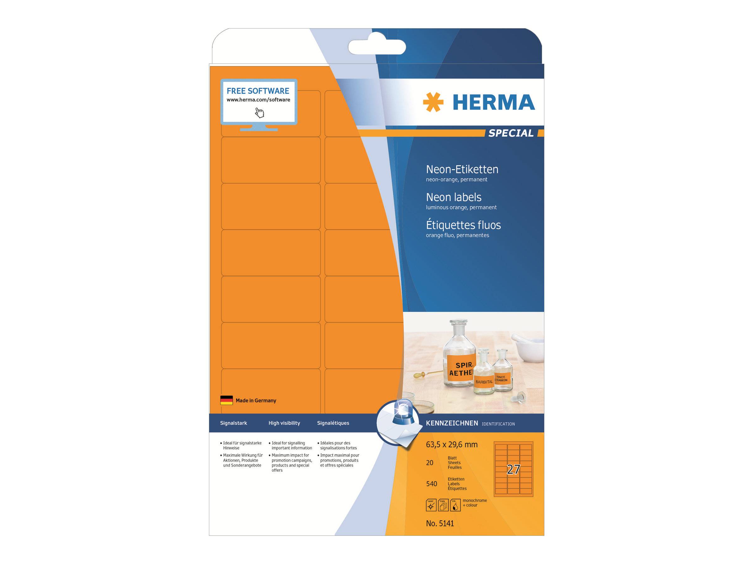 HERMA Etiketten A4 neon-orange 63,5x29,6 mm Papier 540 St. - 5141