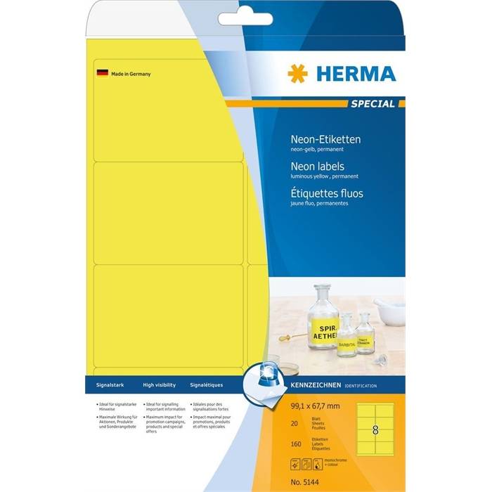 HERMA Etiketten A4 neon-gelb 99,1x67,7 mm Papier 160 St. - 5144