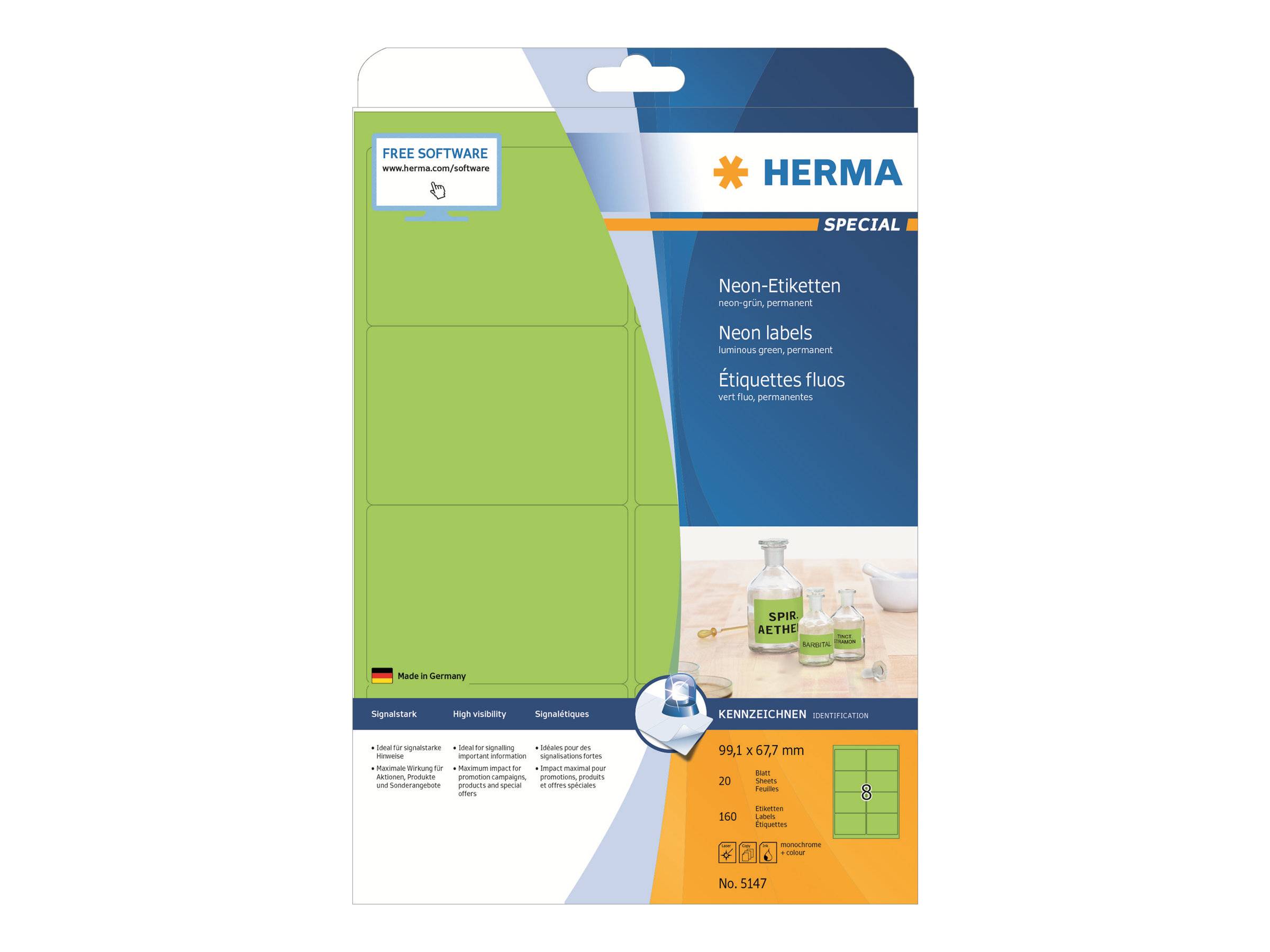 HERMA Etiketten A4 neon-grün 99,1x67,7 mm Papier 160 St. - 5147