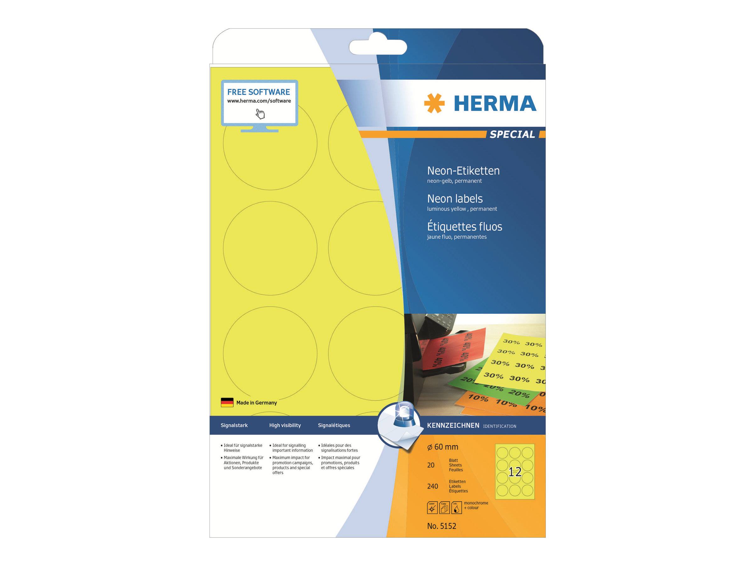 HERMA Etiketten A4 neon-gelb 60 mm rund Papier 240 St. - 5152