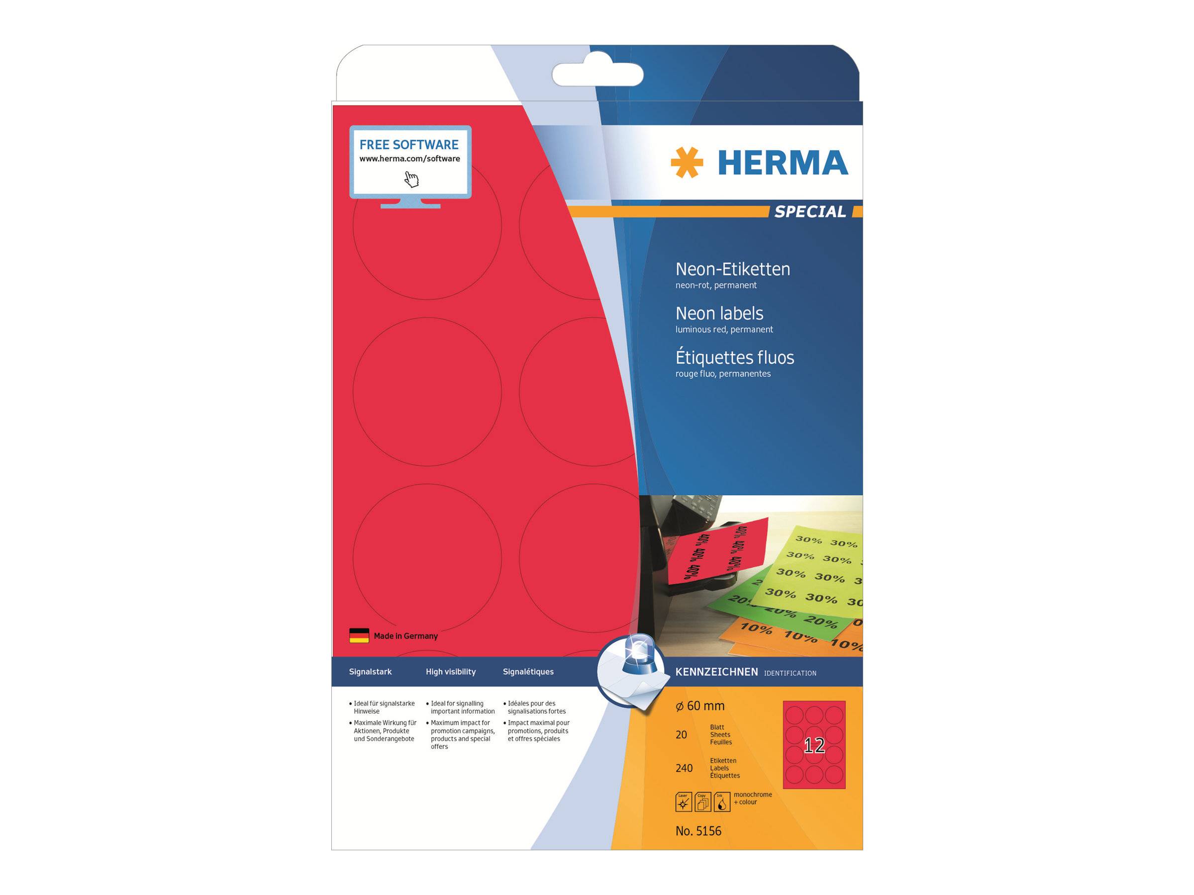 HERMA Etiketten A4 neon-rot 60 mm rund Papier matt 240 St. - 5156