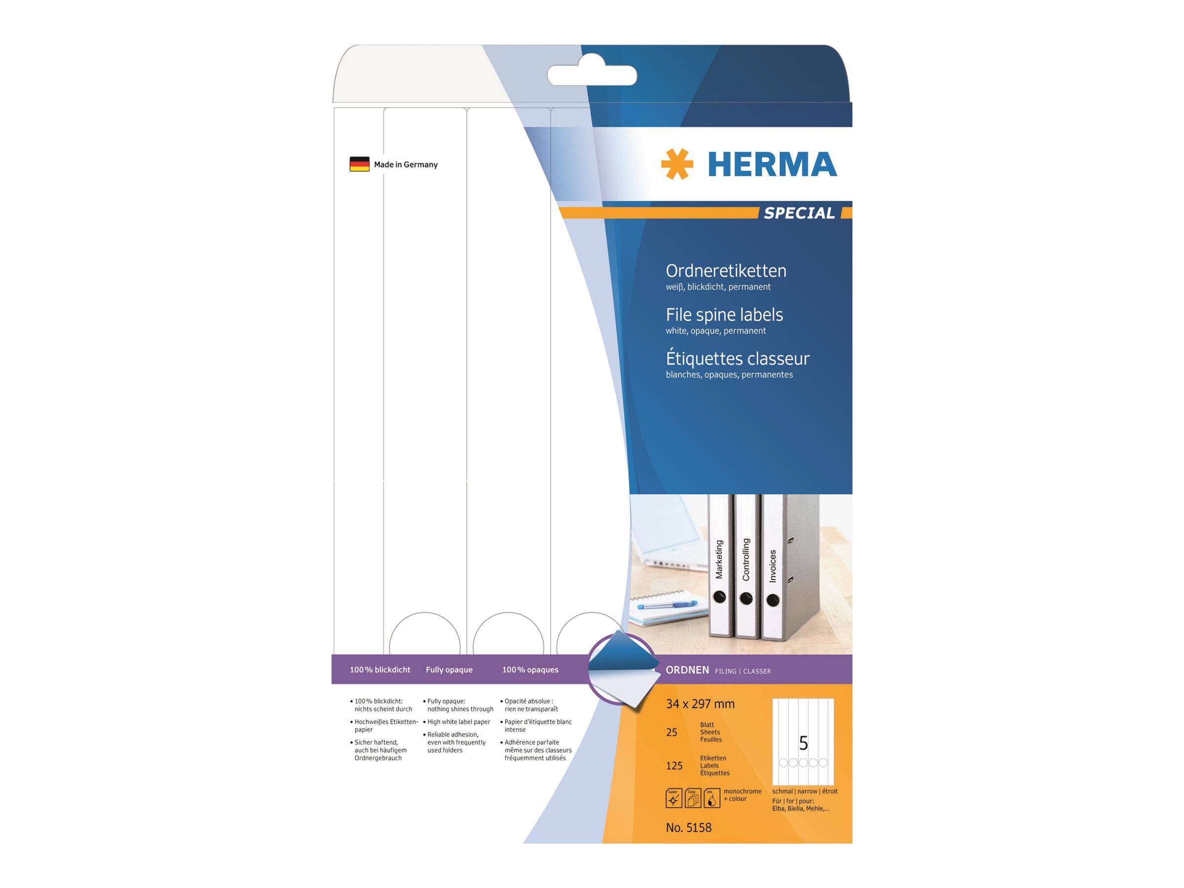 HERMA Ordneretiketten A4 weiß 34x297 mm Papier opak 125 St. - 5158