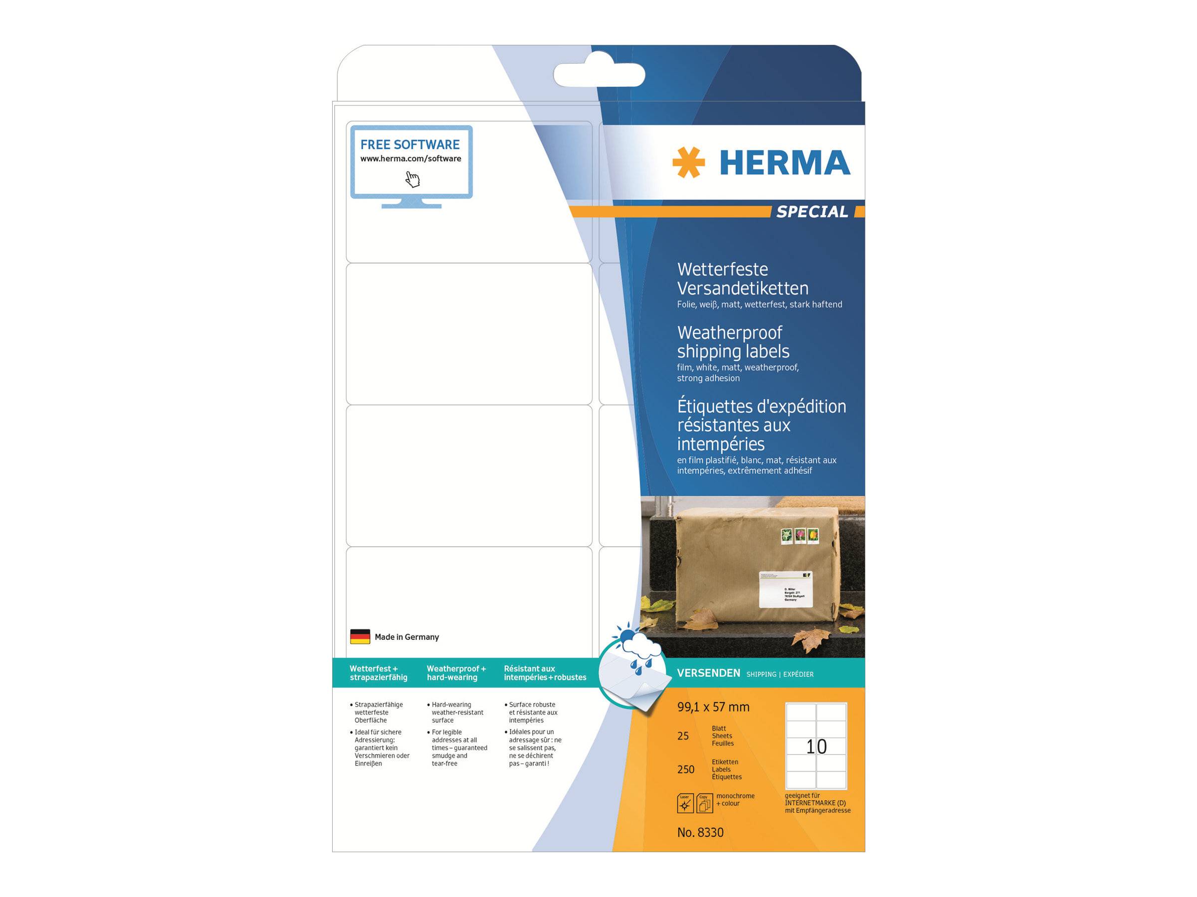 HERMA Adressetiketten A4 weiß 99,1x57 mm Folie 250 St. - 8330