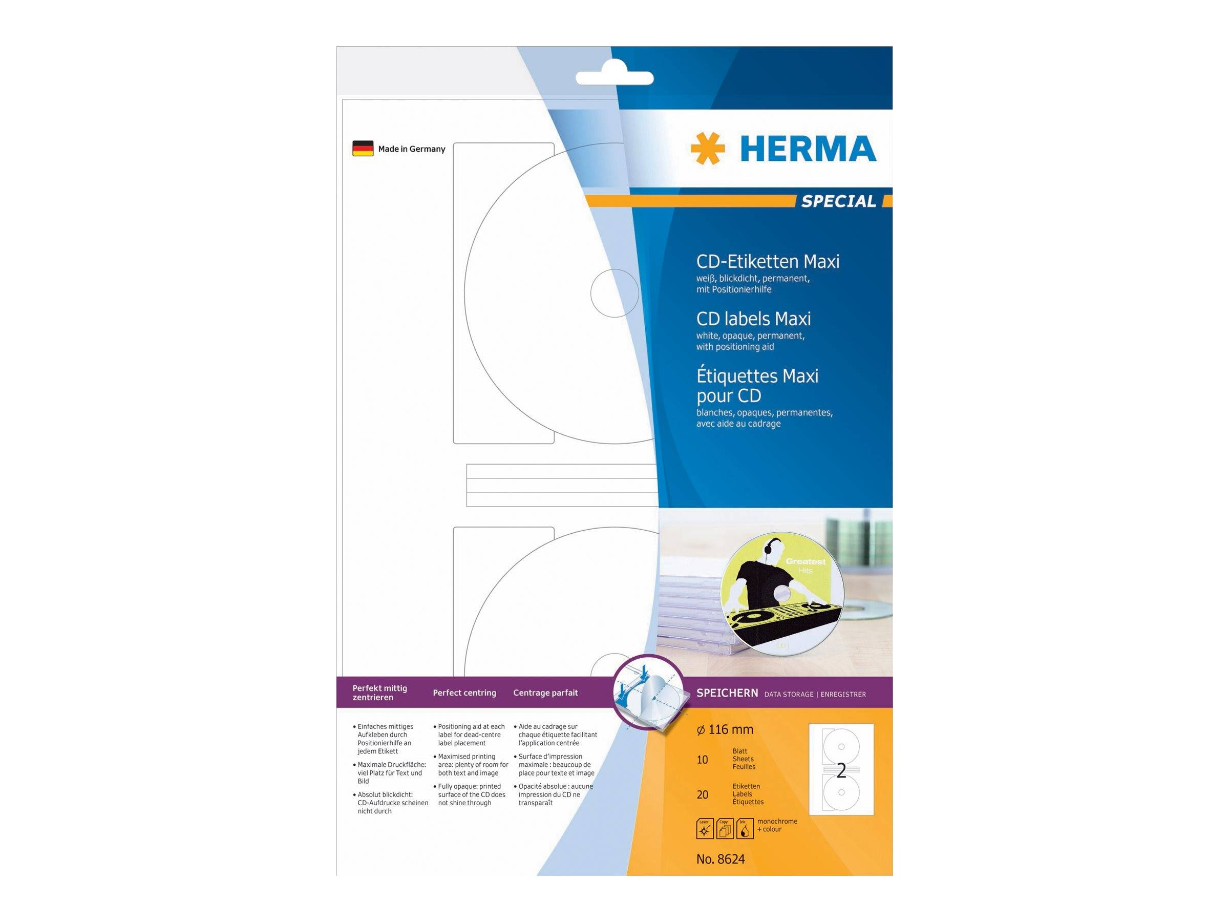 HERMA CD-Etiketten Maxi A4 weiß 116 mm Papier opak 20 St. - 8624