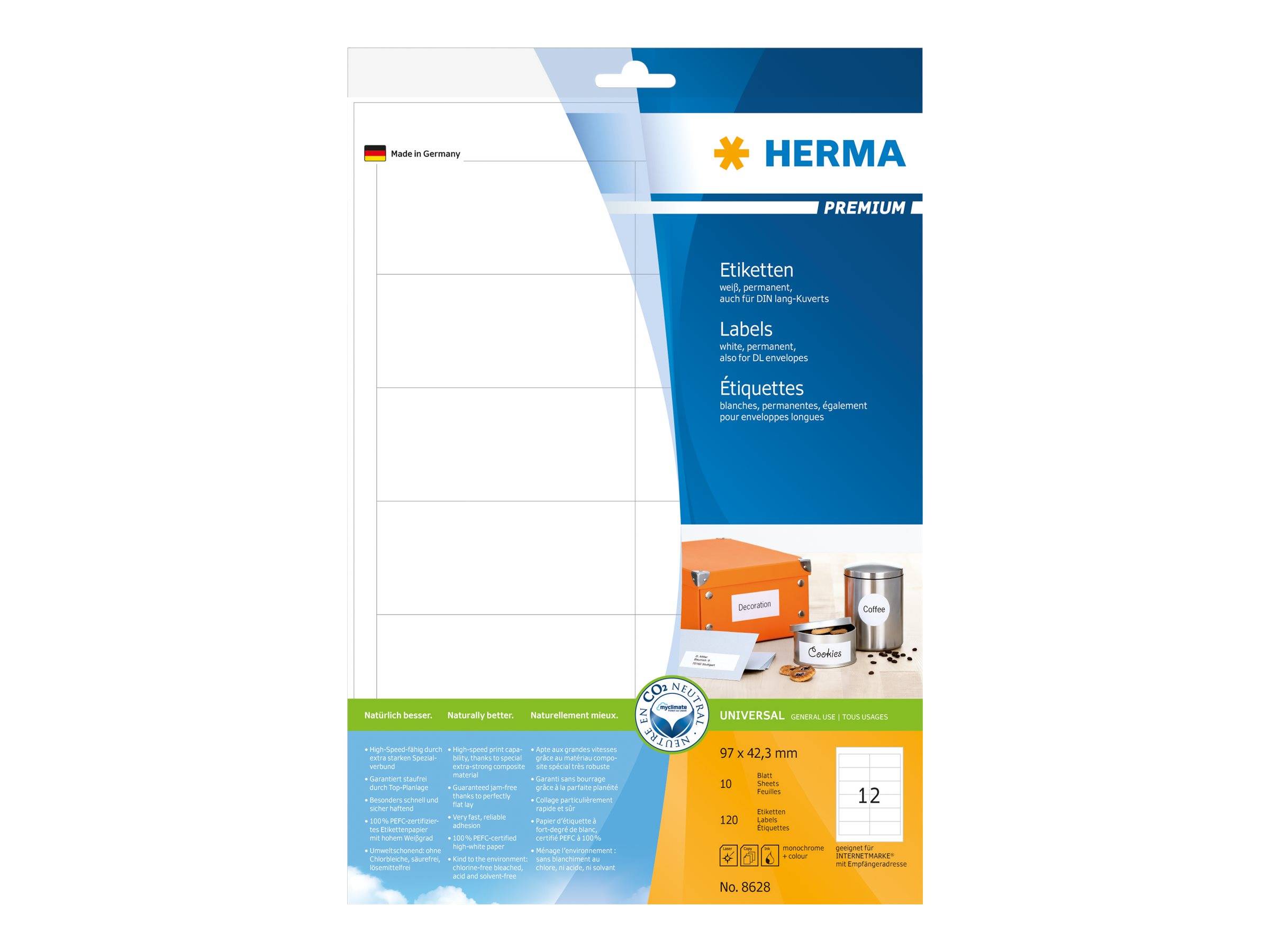 HERMA Etiketten Premium A4 weiß 97x42,3 mm Papier 120 St. - 8628