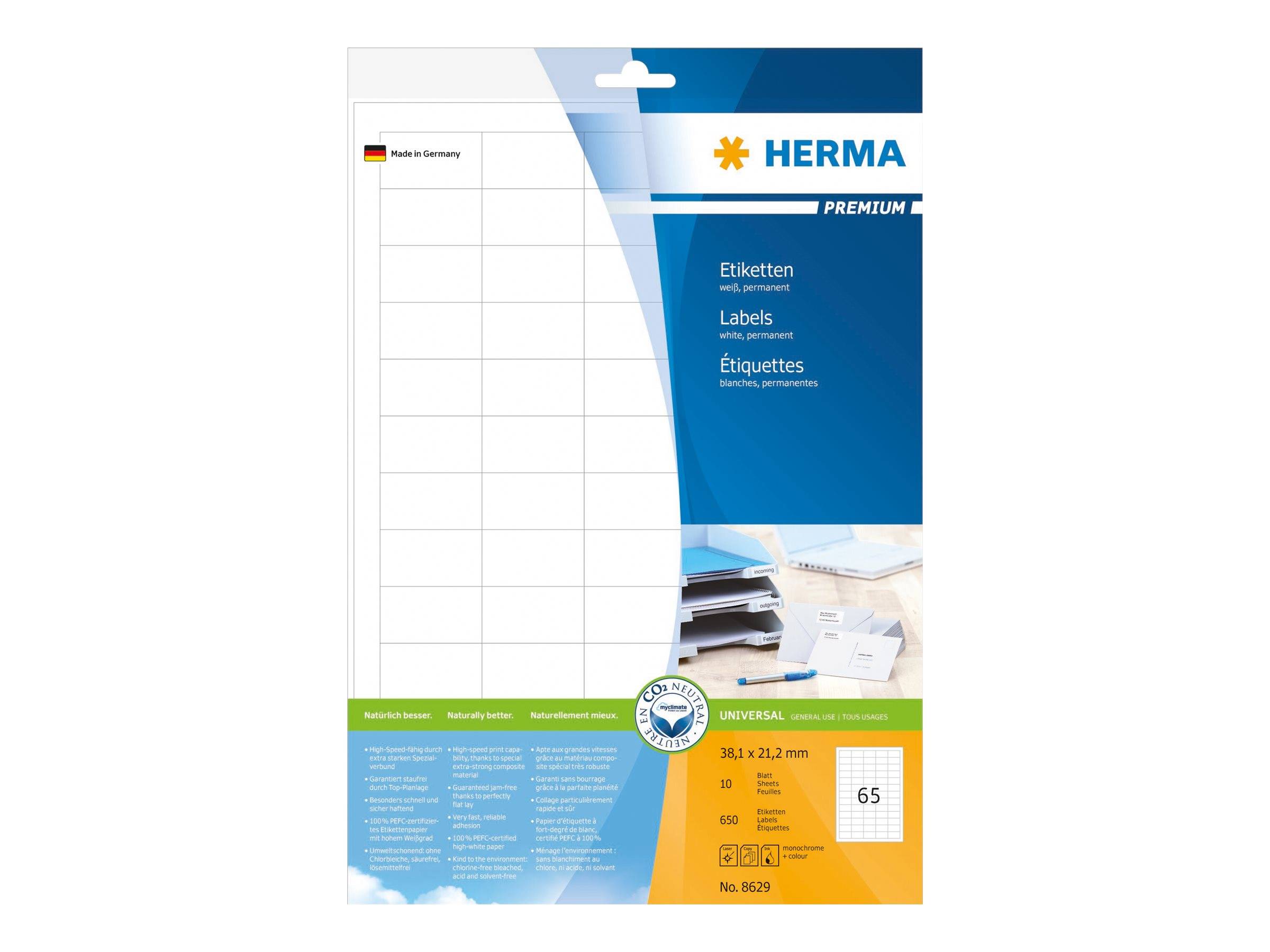 HERMA Etiketten Premium A4 weiß 38,1x21,2 mm Papier 650 St. - 8629