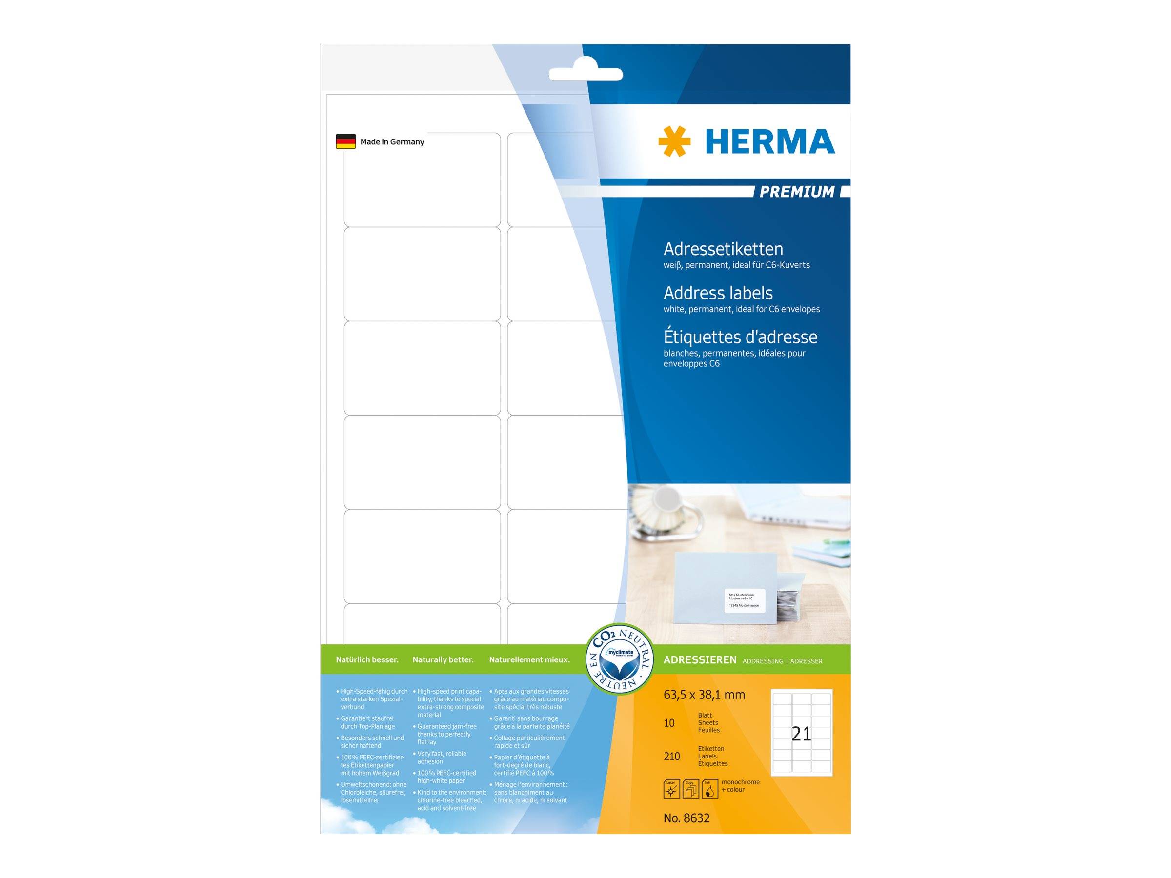 HERMA Adressetiketten A4 weiß 63,5x38,1 mm Papier 210 St. - 8632