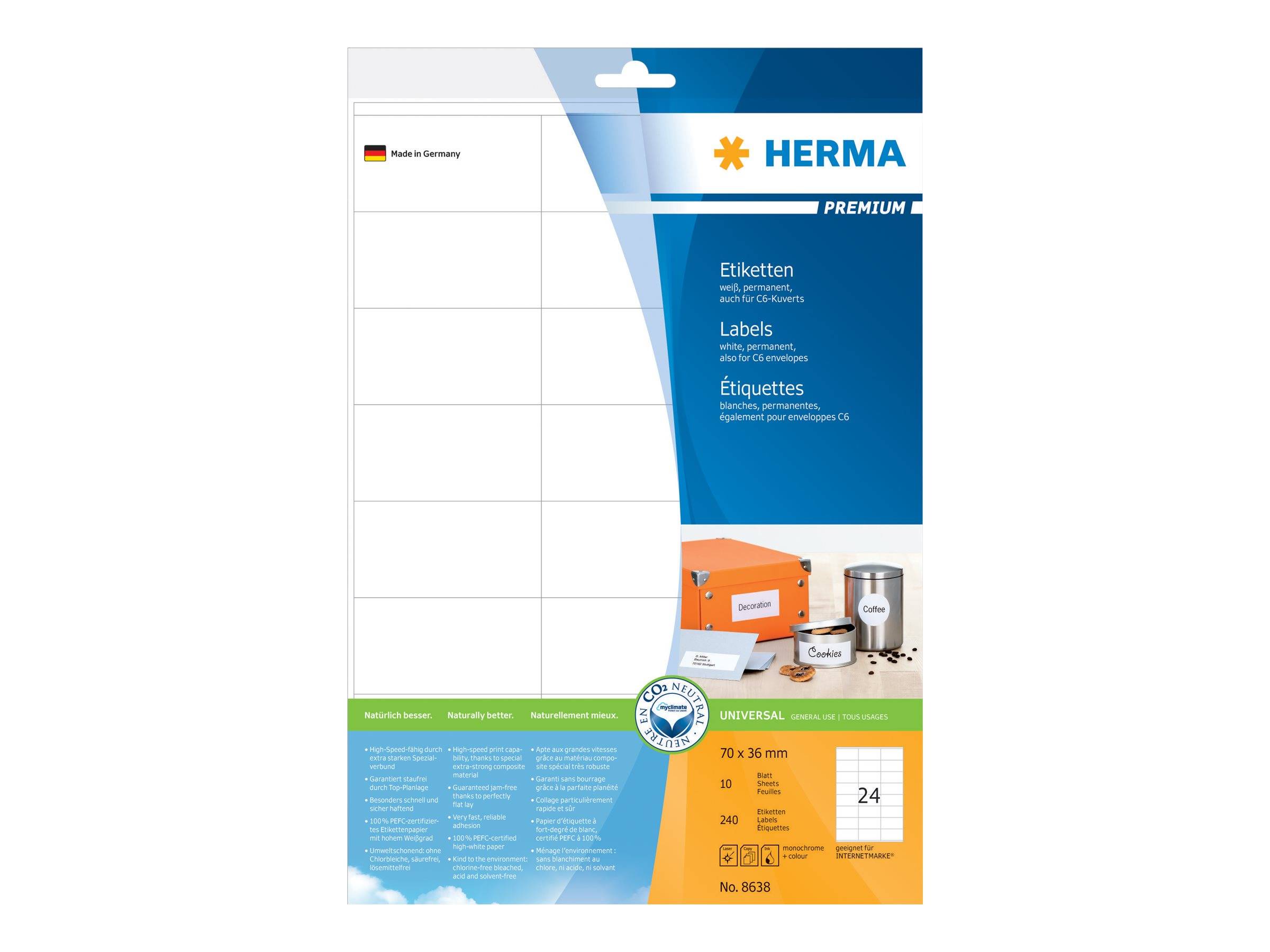 HERMA Etiketten Premium A4 weiß 70x36 mm Papier 240 St. - 8638