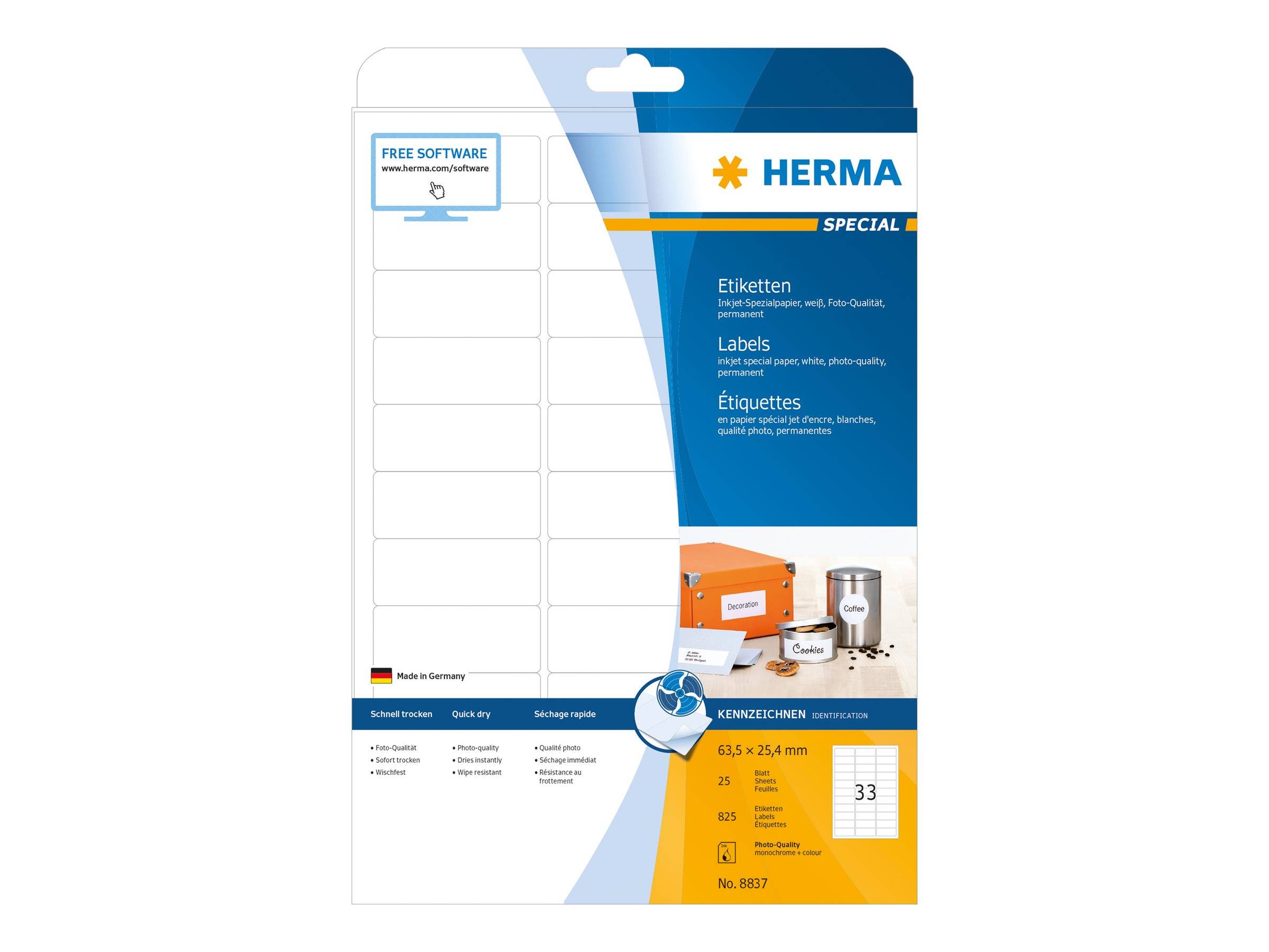 HERMA Inkjet-Etiketten A4 weiß 63,5x25,4 mm Papier 825 St. - 8837