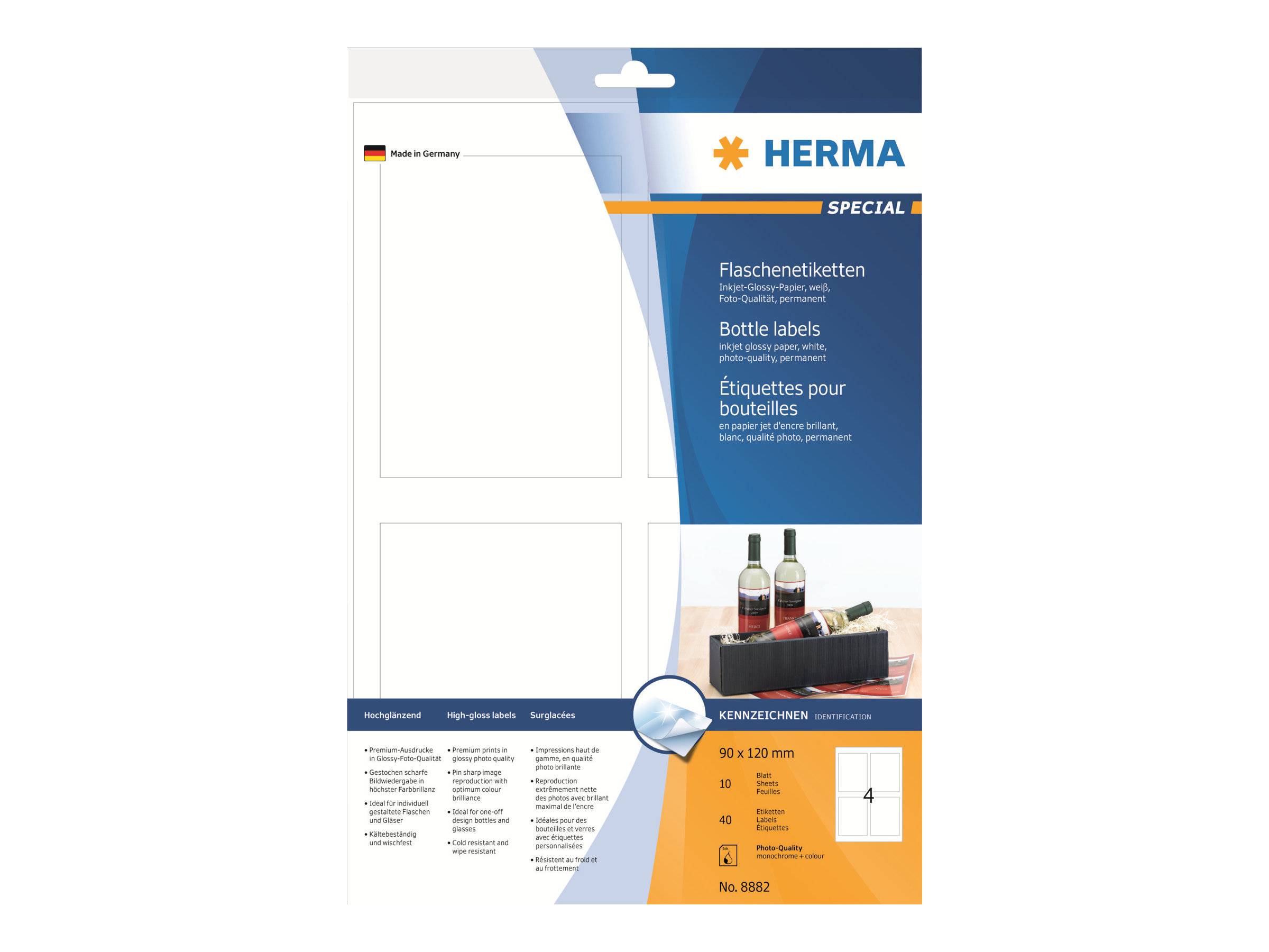 HERMA Flaschenetik. A4 Inkjet weiß 90x120 mm glänz. 40 St. - 8882