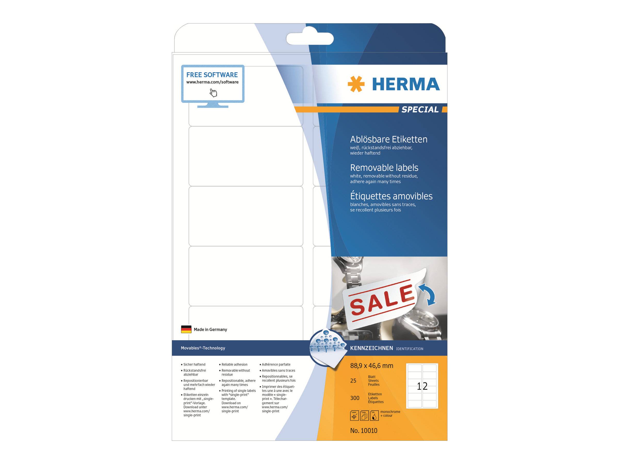 HERMA Etiketten A4 weiß 88,9x46,6 mm ablösbar Papier 300 St. - 10010