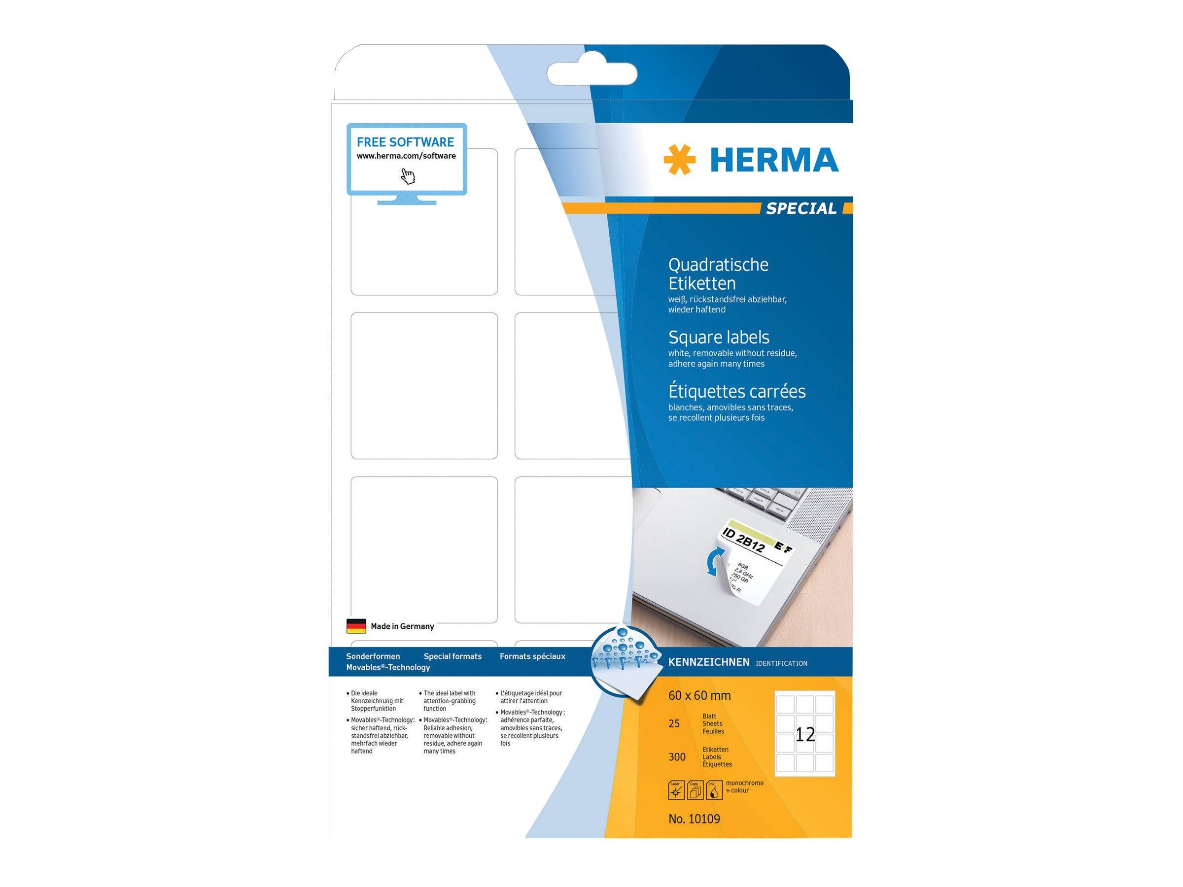 HERMA Etik. A4 weiß 60x60 mm quadr. ablösb. 300 St. - 10109