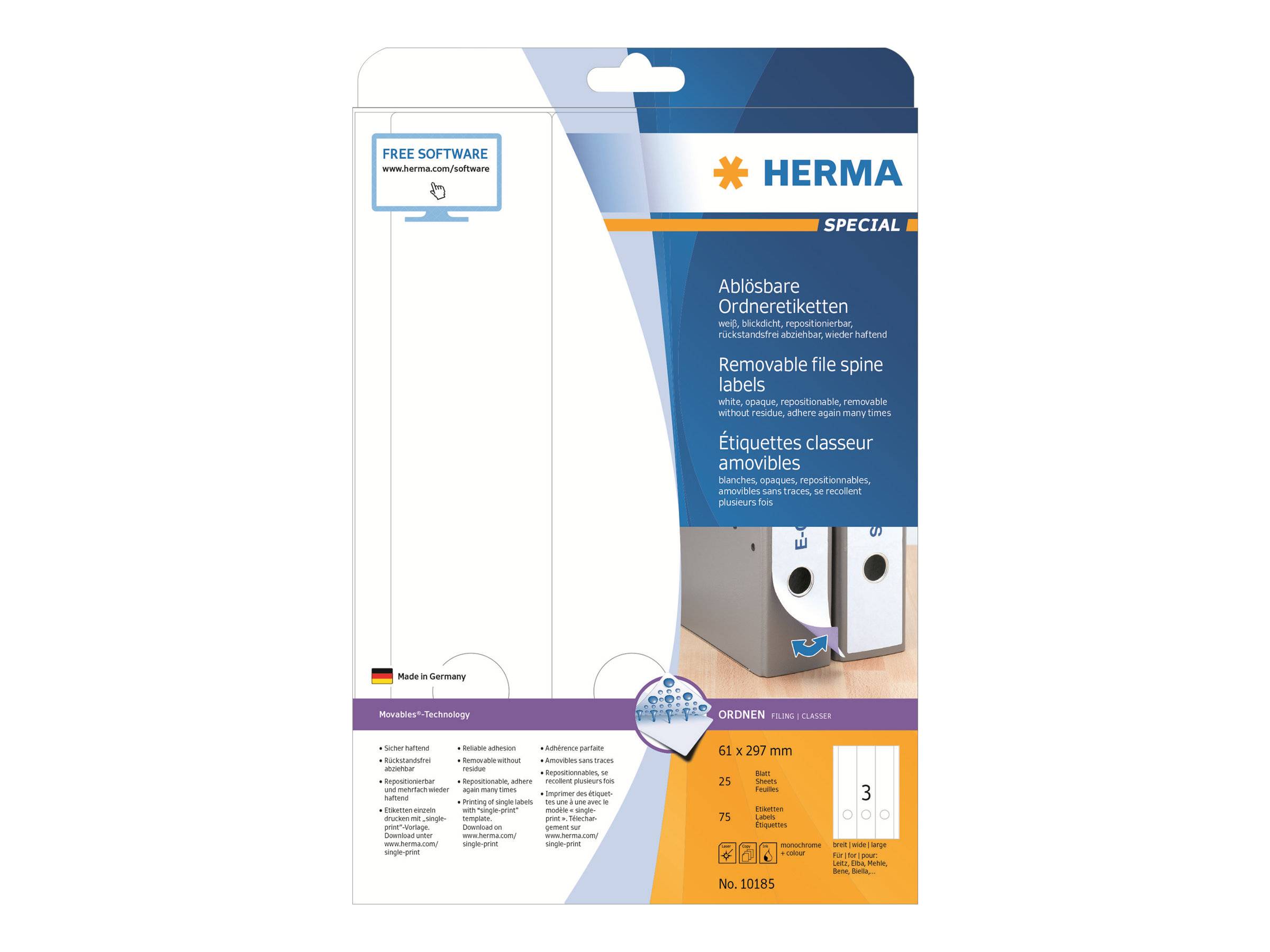 HERMA Ordneretiketten A4 weiß 61x297 mm ablösb. opak 75 St. - 10185