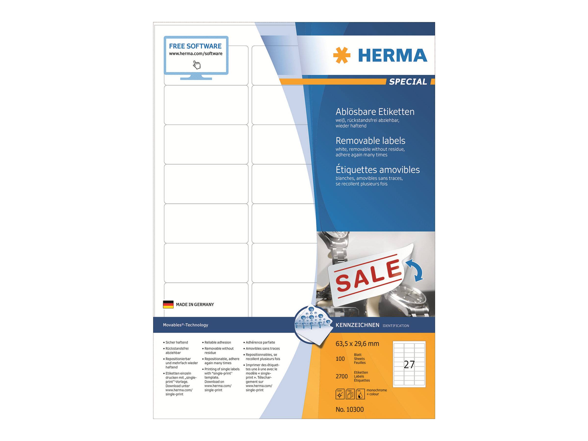 HERMA Etiketten A4 weiß 63,5x29,6 mm ablösb. Papier 2700 St. - 10300