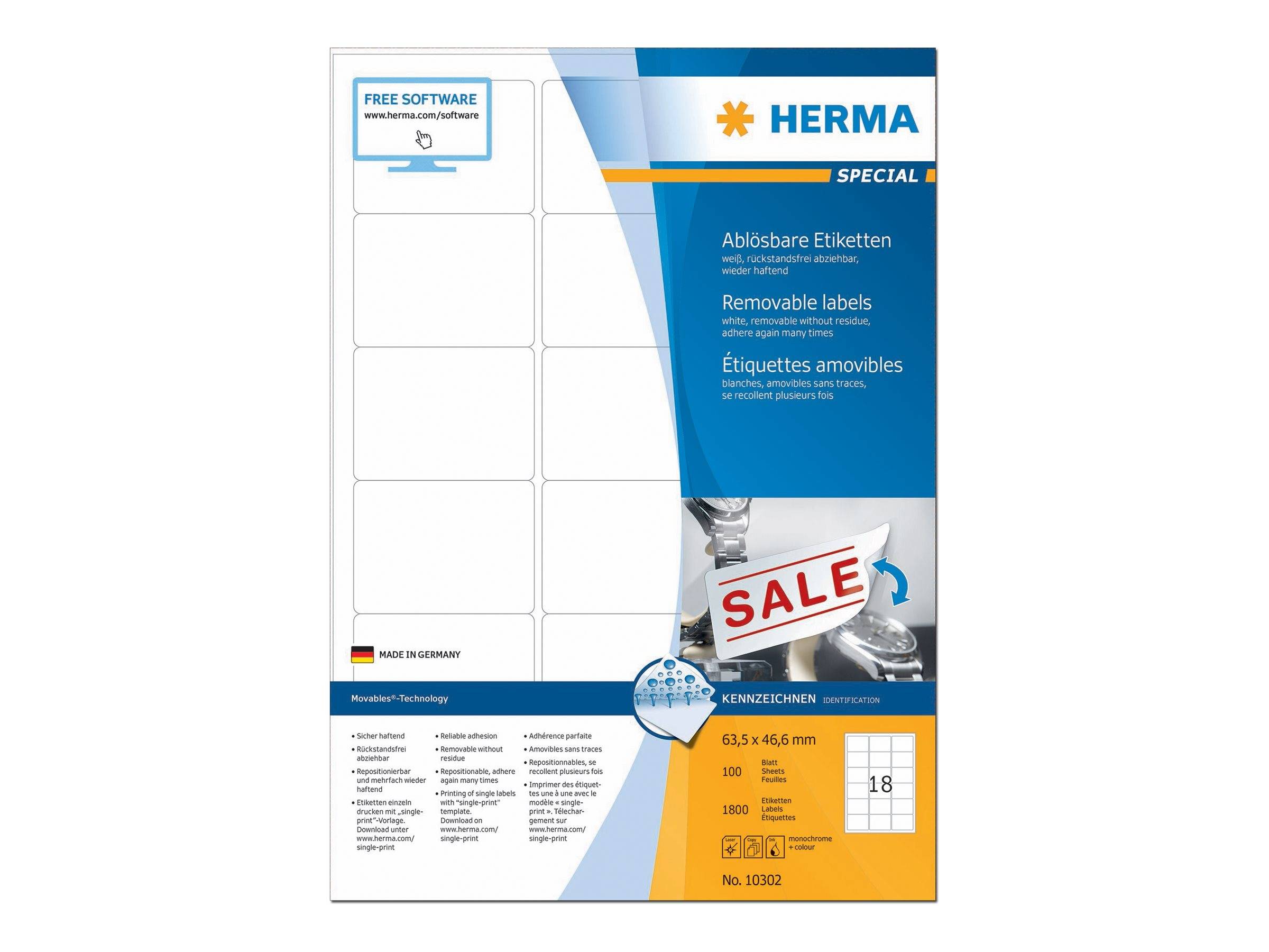 HERMA Etiketten A4 weiß 63,5x46,6 mm ablösb. Papier 1800 St. - 10302