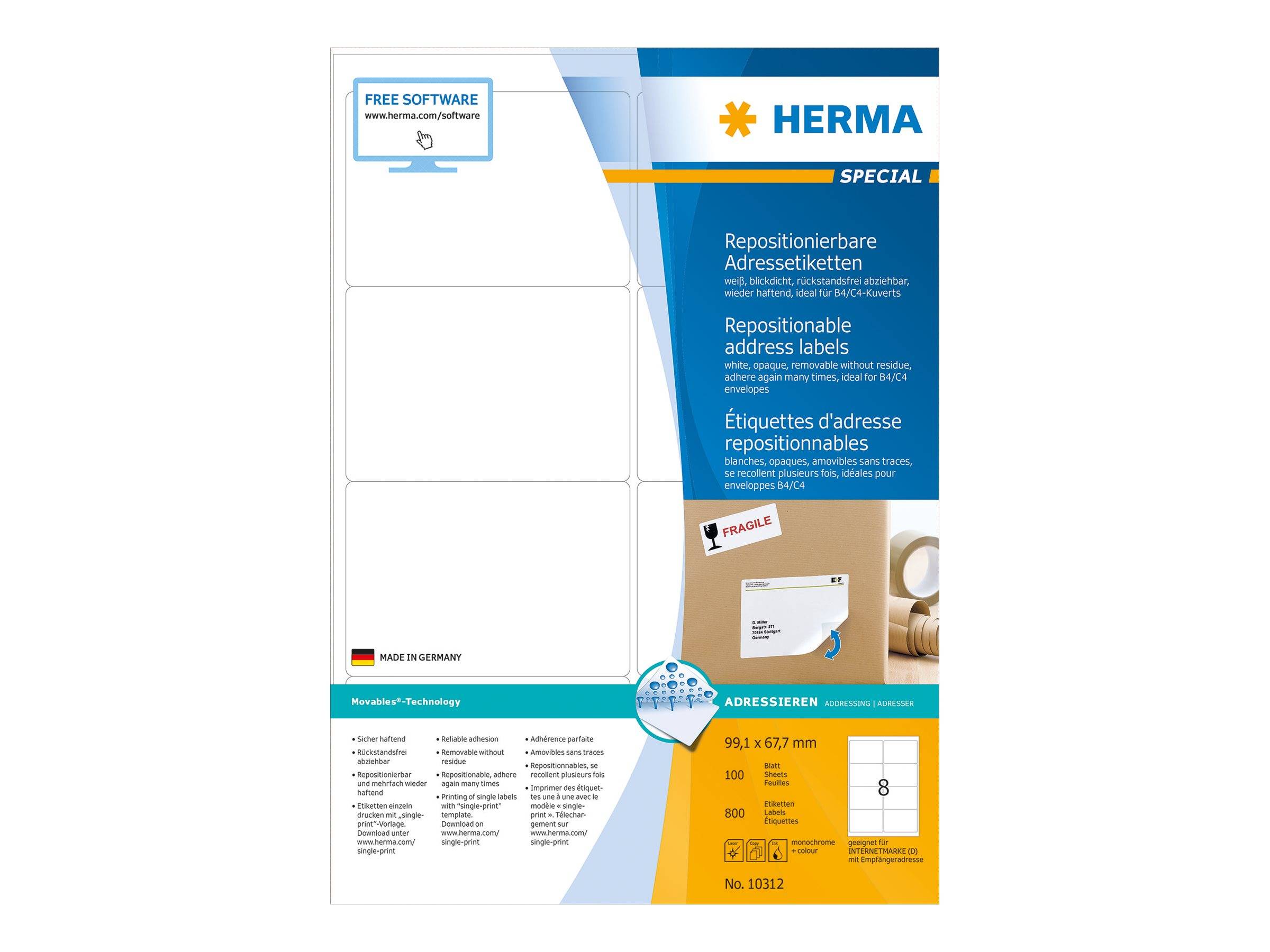 HERMA Adressetiketten A4 weiß 99,1x67,7 mm opak 800 St. - 10312