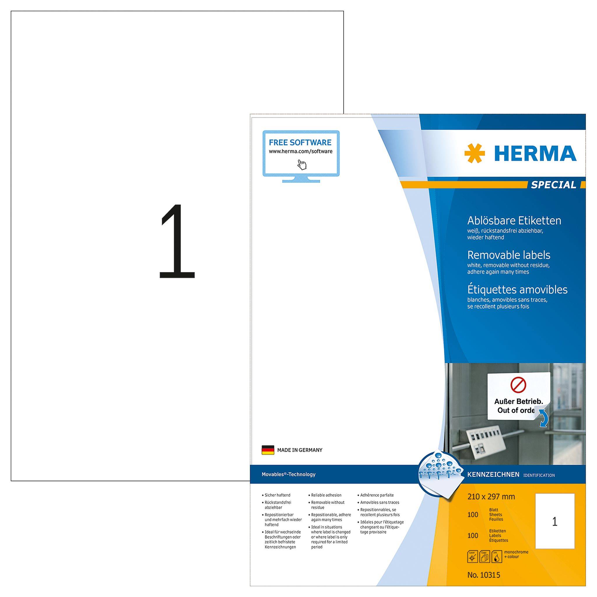 HERMA Etiketten A4 weiß 210x297 mm ablösb. Papier 100 St. - 10315