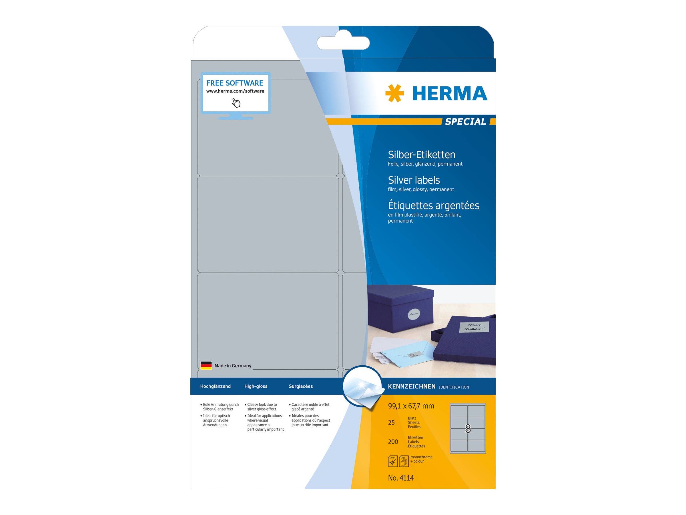 HERMA Etiketten A4 silber 99,1x67,7 mm Folie glänz. 200 St. - 4114