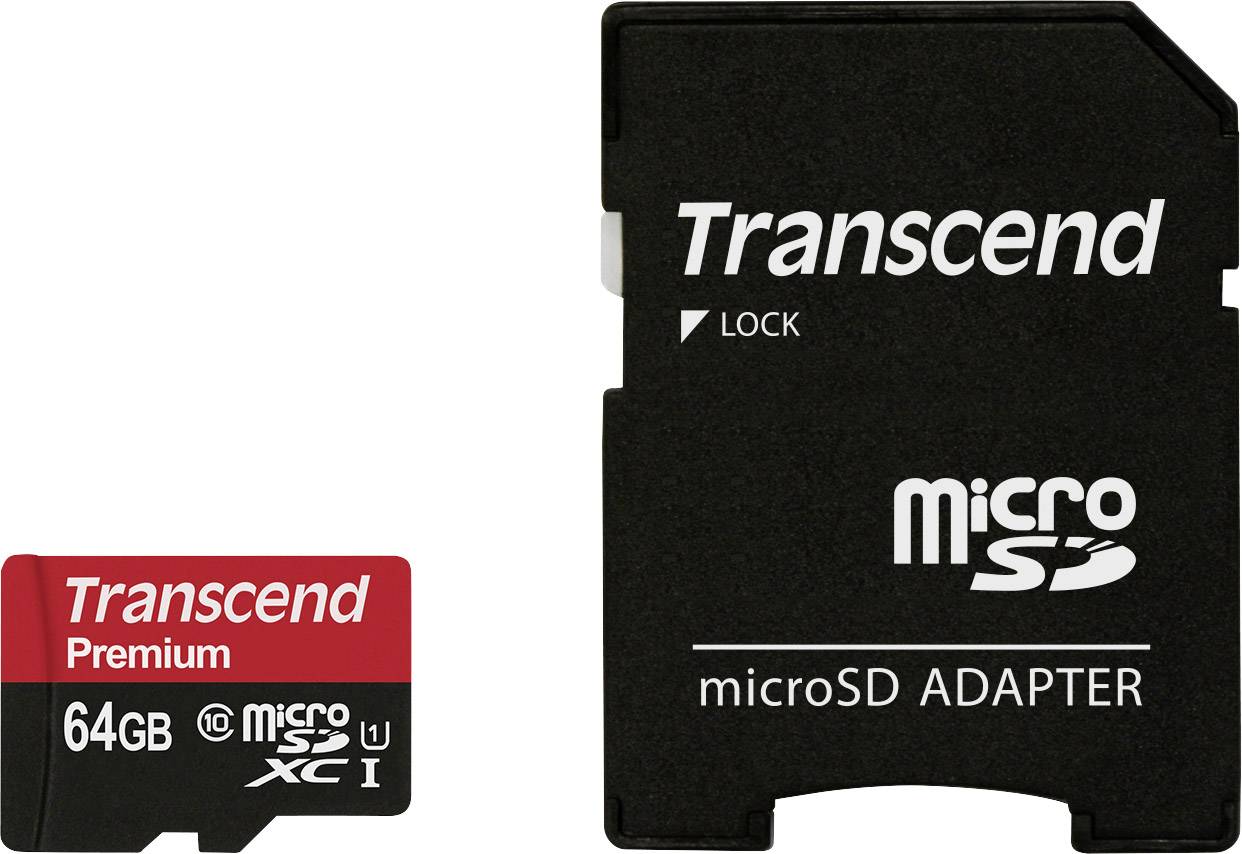 SD microSD Card 64GB Transcend SDXC UHS1 w/adapter - TS64GUSDU1