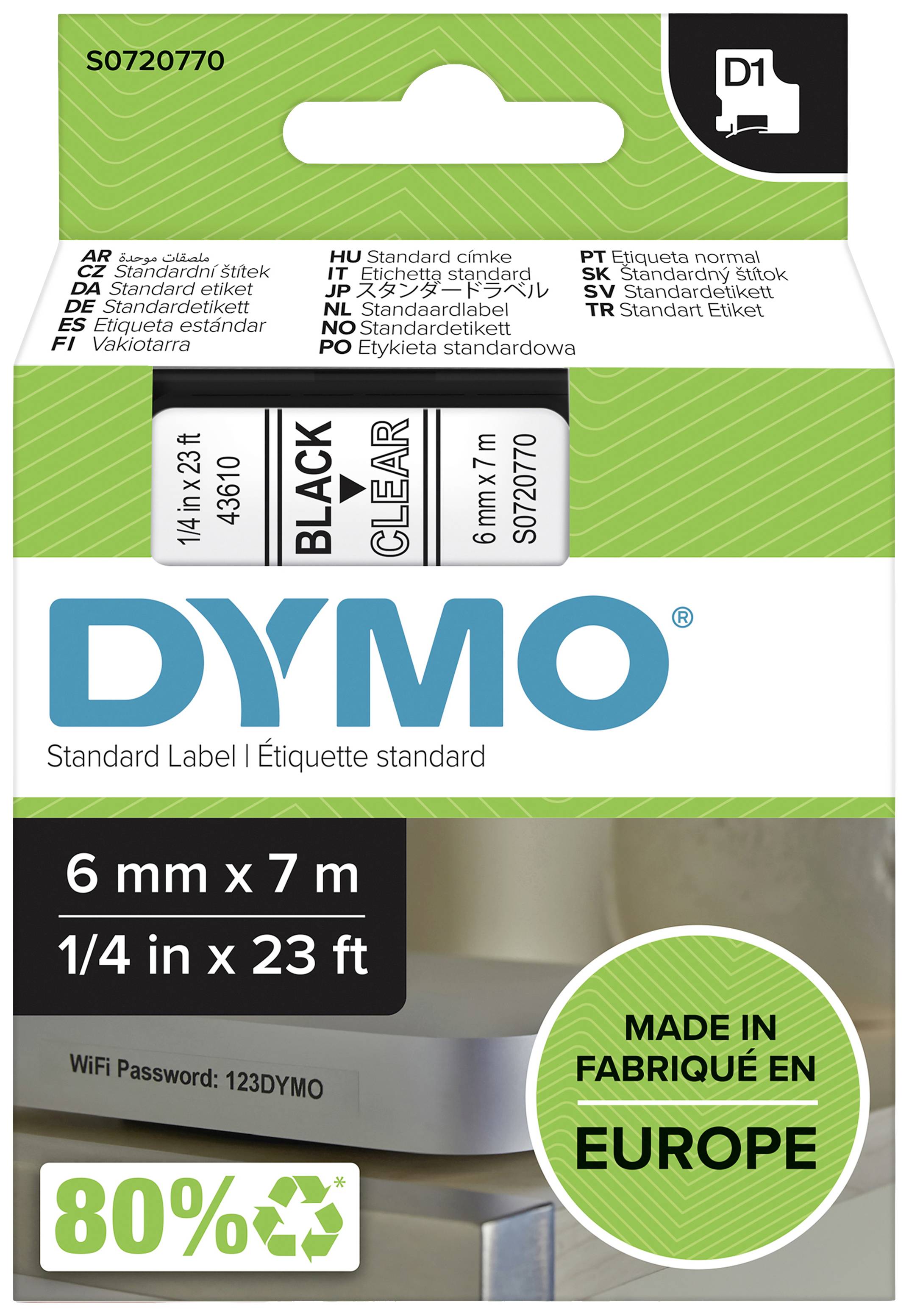 DYMO D1 Schriftband 43610 6mmx7.0m schwarz->transp. - S0720770