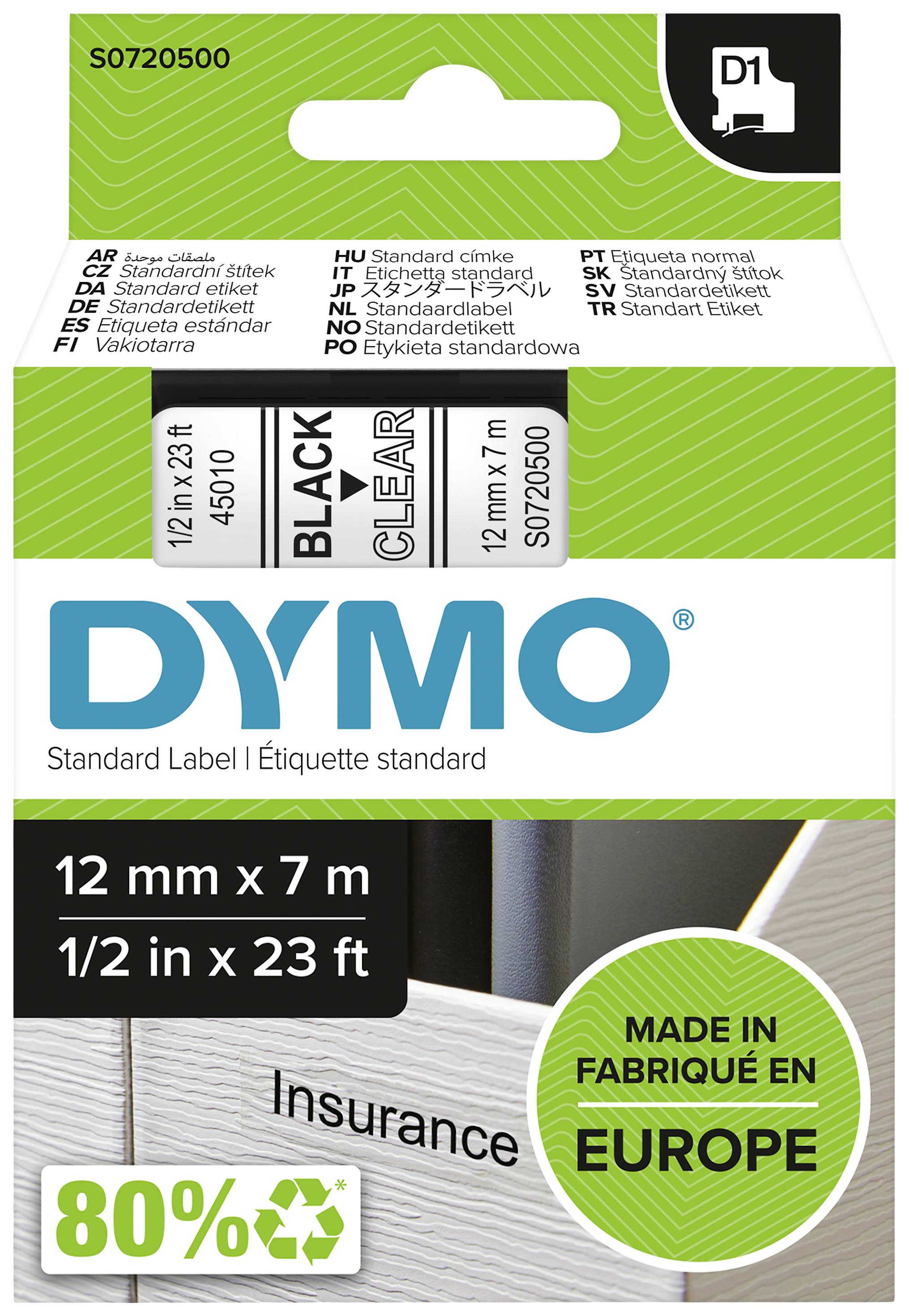 DYMO D1 Schriftband 45010 12mmx7.0m schwarz->transp. - S0720500