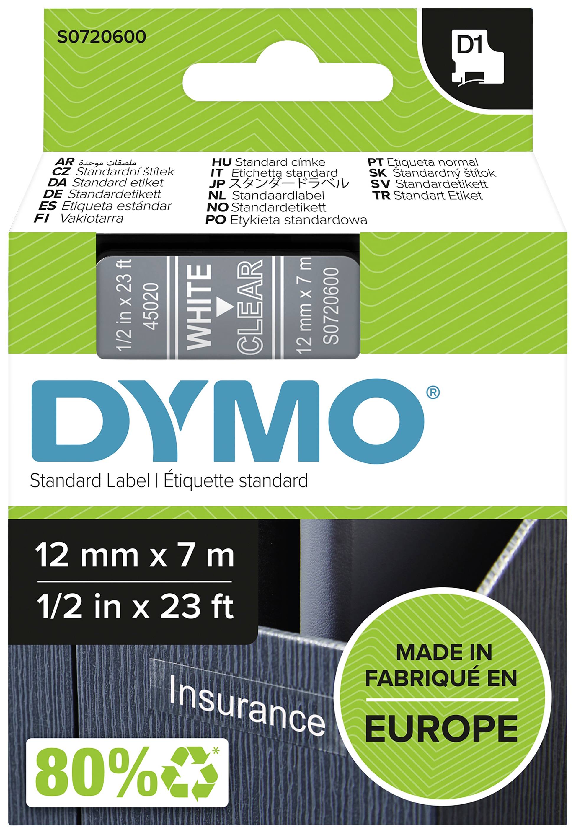 DYMO D1 Schriftband 45020 12mmx7.0m weiß ->transp. - S0720600