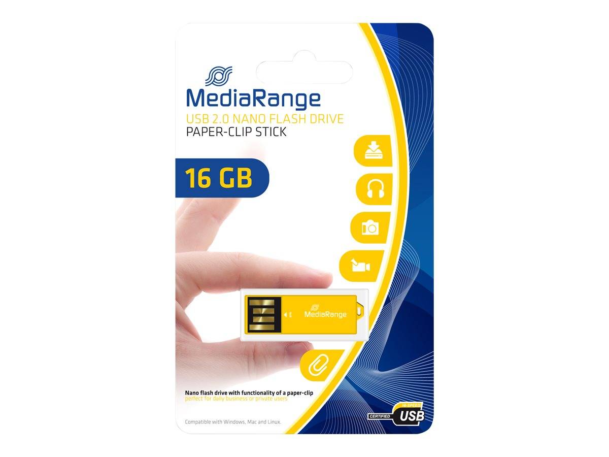 MediaRange USB Nanostick 16GB m. Klammerfunktion gelb - MR976