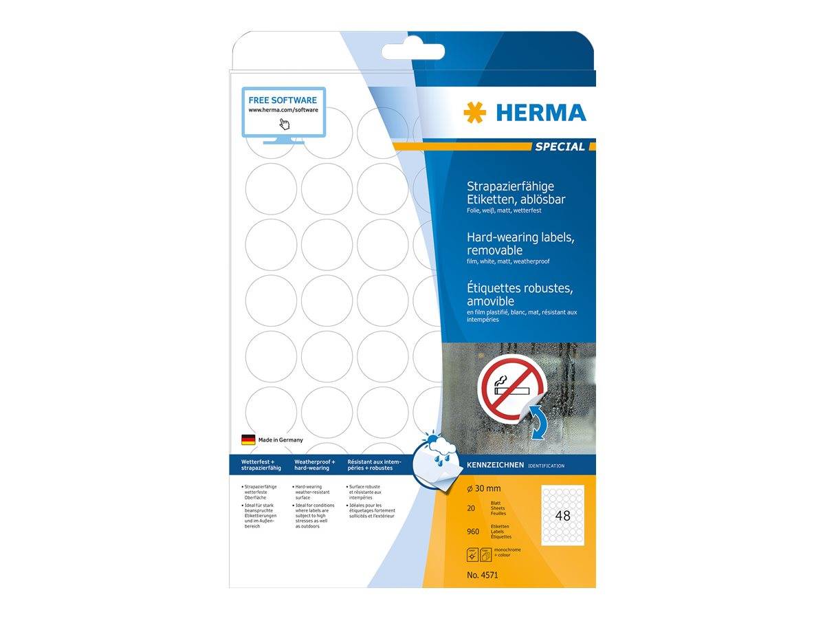 HERMA Folien-Etiketten A4 30mm weiß ablösbar 960St. - 4571