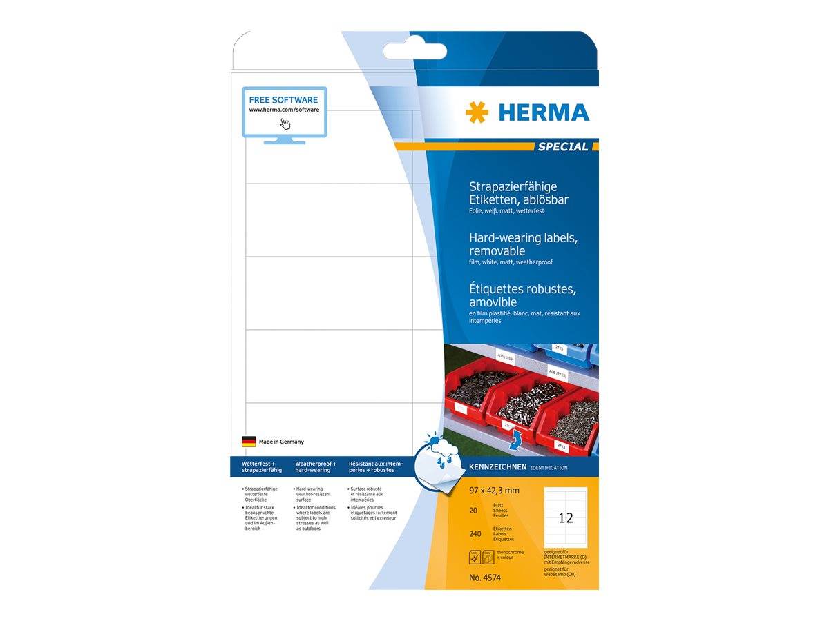 HERMA Folien-Etiketten A4 97x42.3mm weiß ablösbar 240St. - 4574