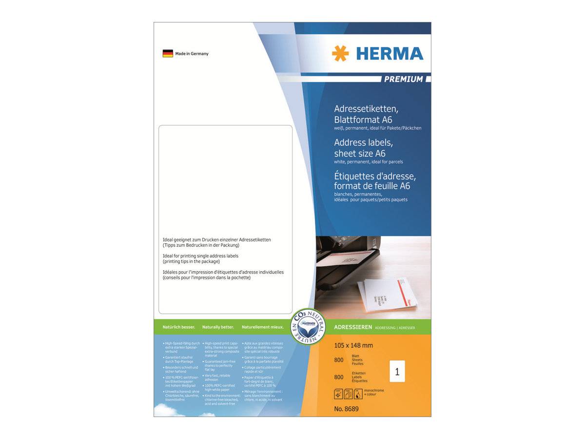 HERMA Adressetiketten Premium A6 weiß 105x148 mm 800St. - 8689