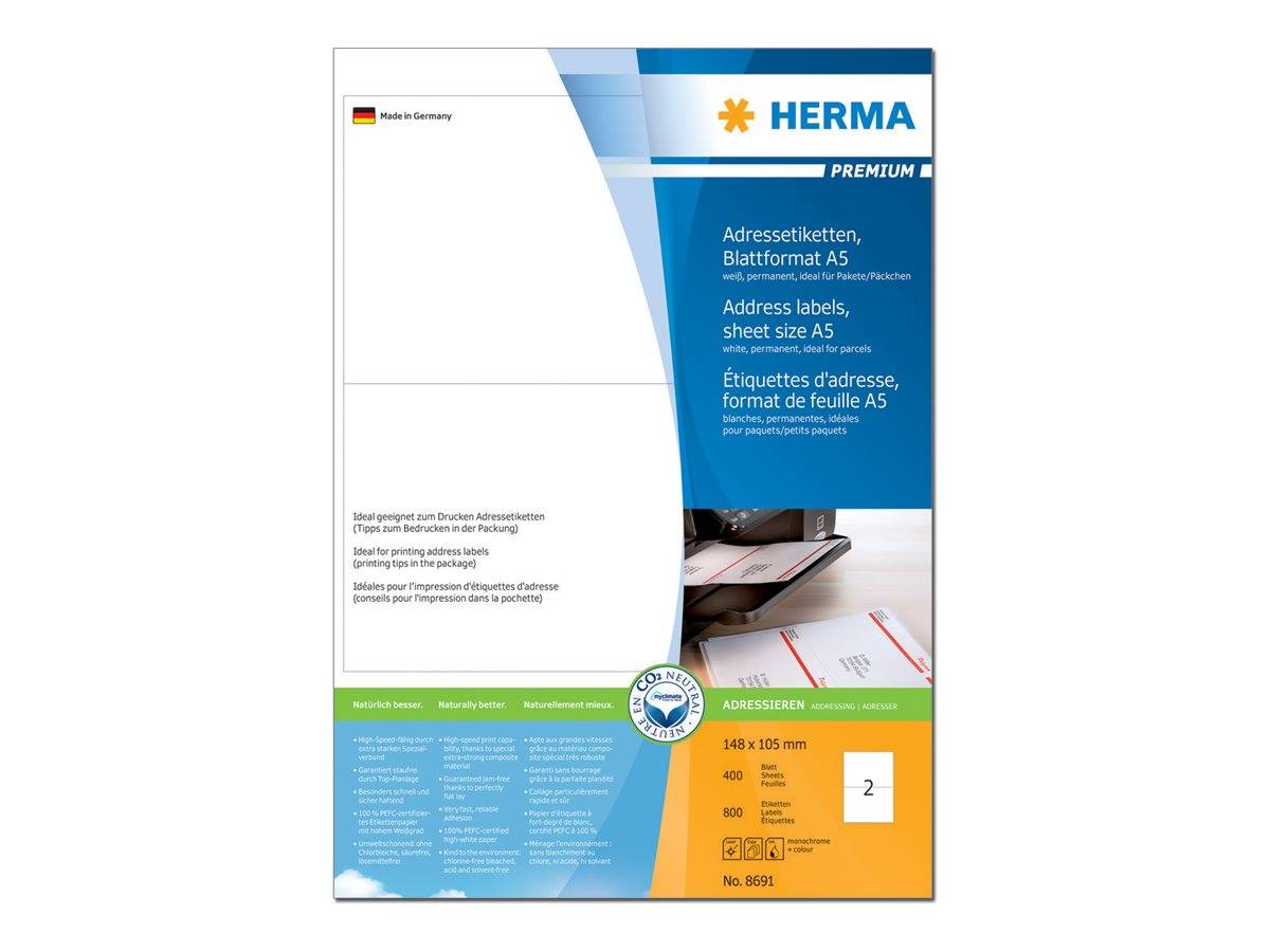 HERMA Adressetiketten Premium A5 weiß 105x148 mm 800St. - 8691