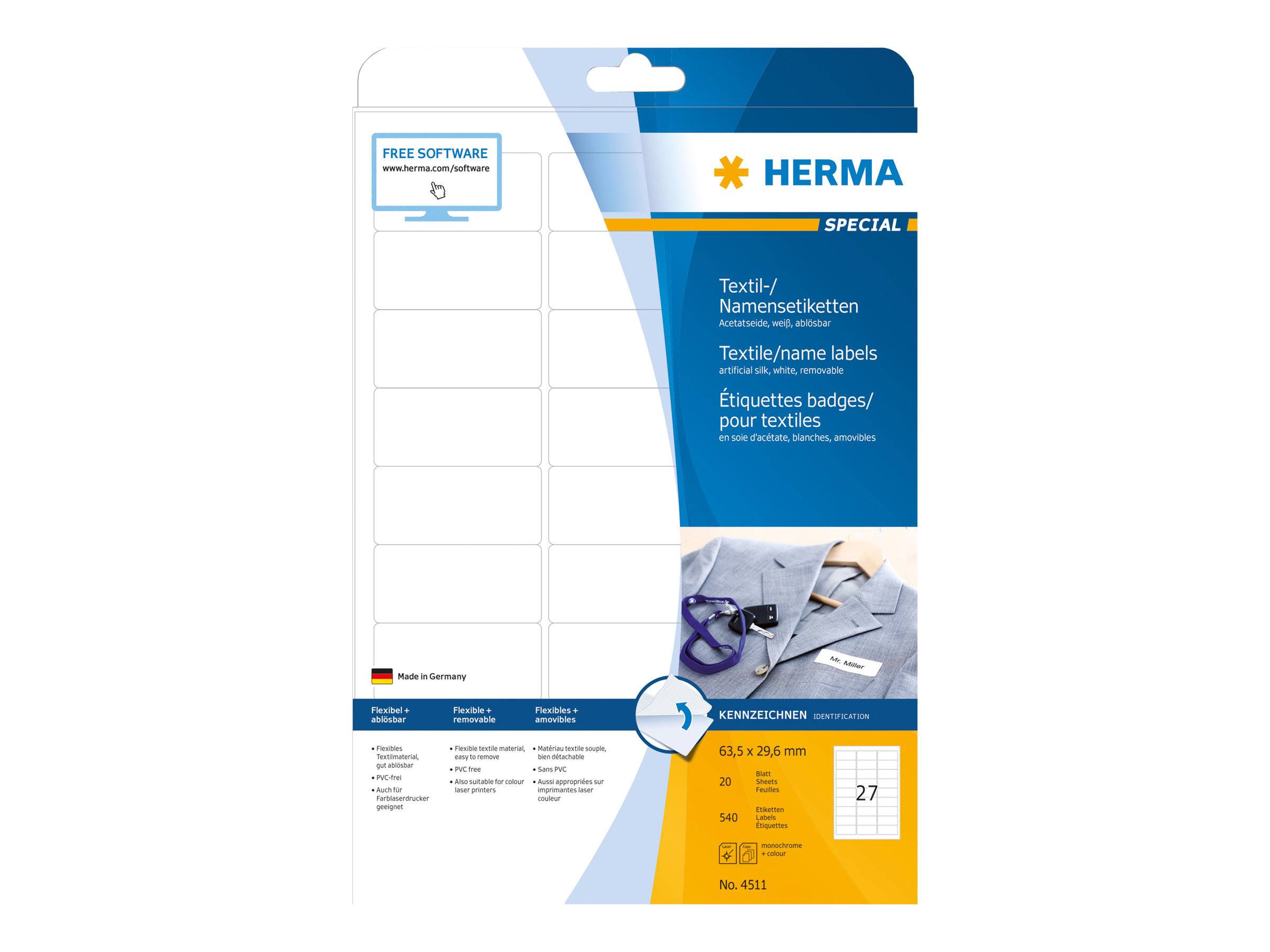 HERMA Textil/Namensetiketten A4 63,5x29,6mm weiß 540St. - 4511