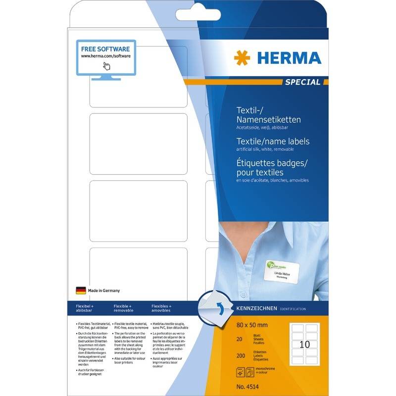 HERMA Textil/Namensetiketten A4 80x50mm weiß 200St. - 4514