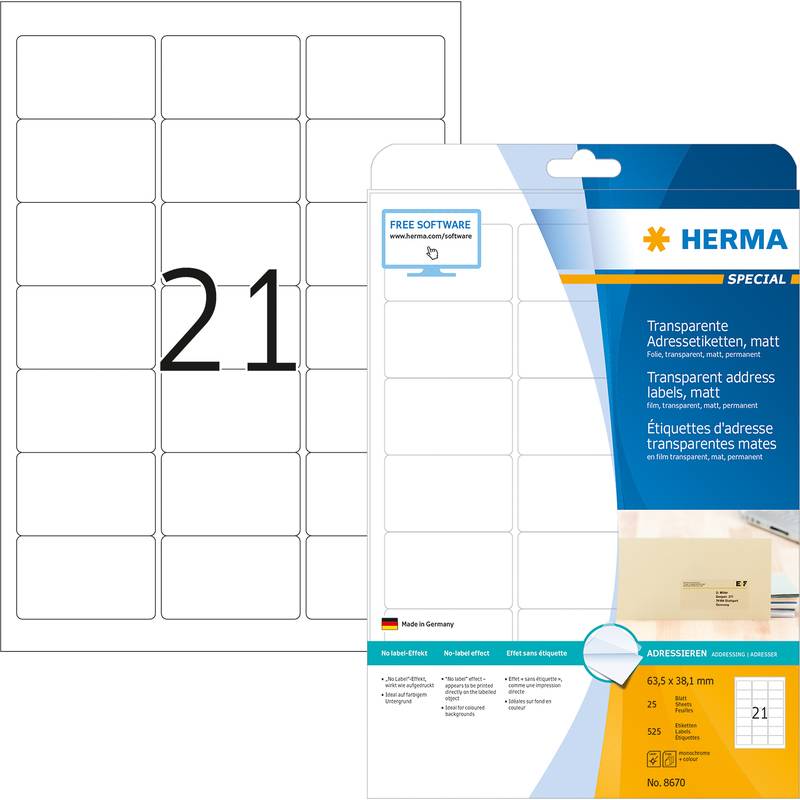 HERMA Etiketten transp. matt A4 63,5x38,1 mm Folie 525 St. - 8670