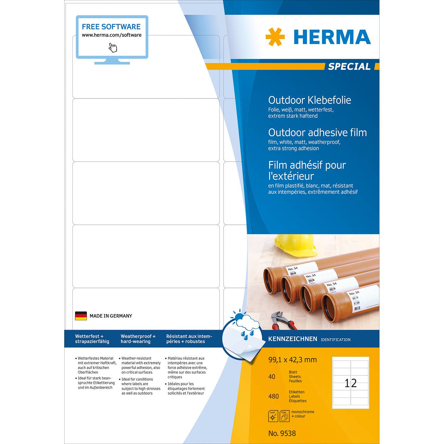 HERMA Etik. A4 Outdoor Klebefolie weiß 99,1x42,3mm 480 St. - 9538