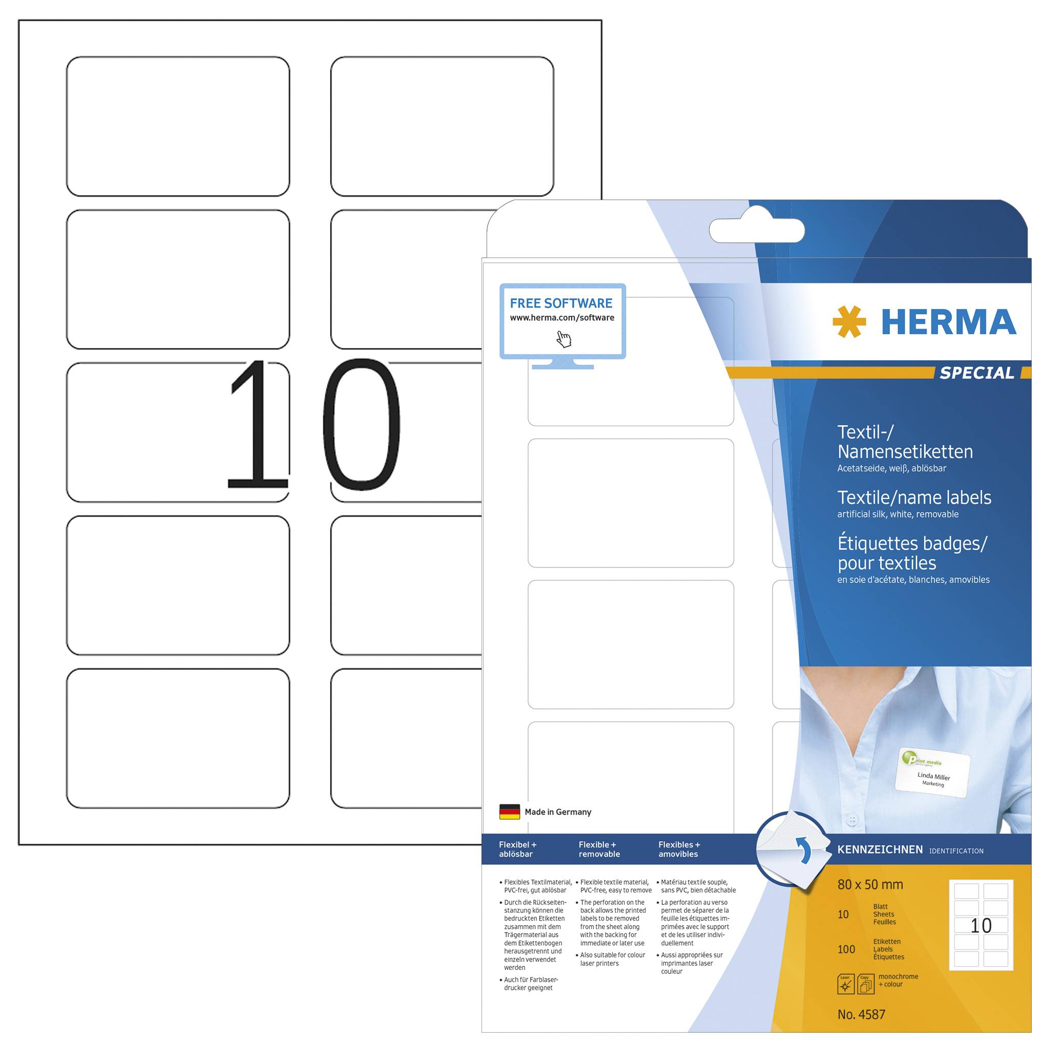 HERMA Textil/Namensetiketten A4 80x 50mm weiss 100 St. - 4587