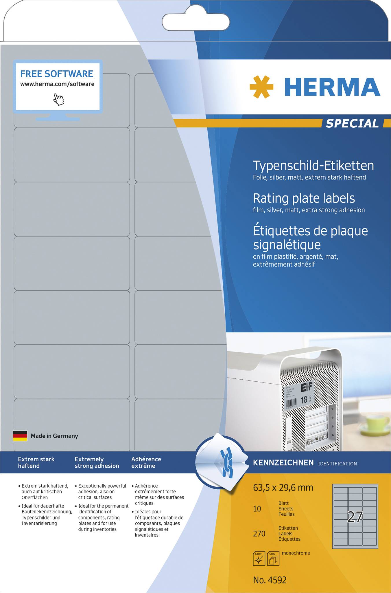 HERMA Typenschildetiketten A4 63.5x29.6 mm Folie 270 St. - 4592