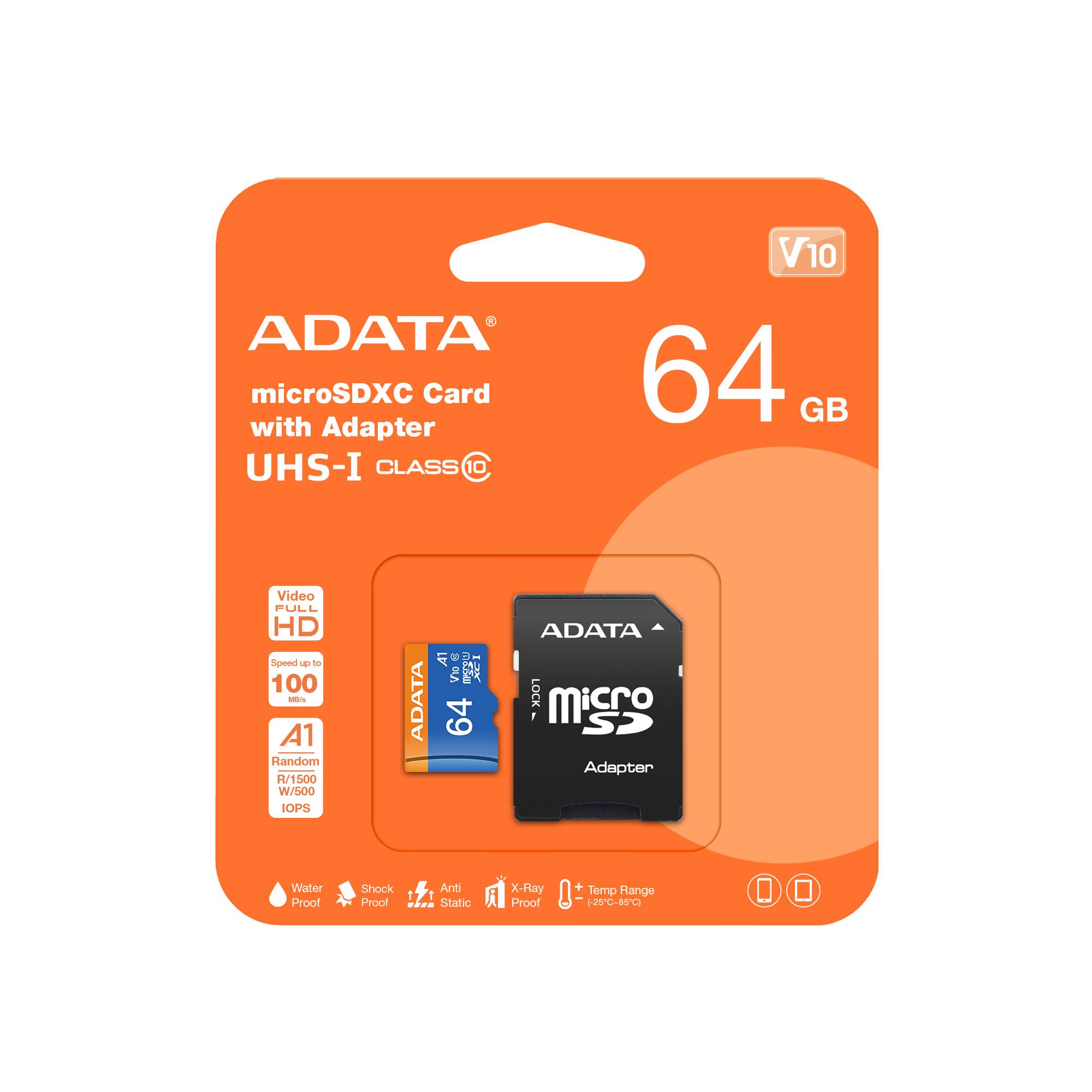 SD MicroSD Card 64GB ADATA SDXC (UHS-I Class 10) m. A. retail - AUSDX64GUICL10A1-RA1