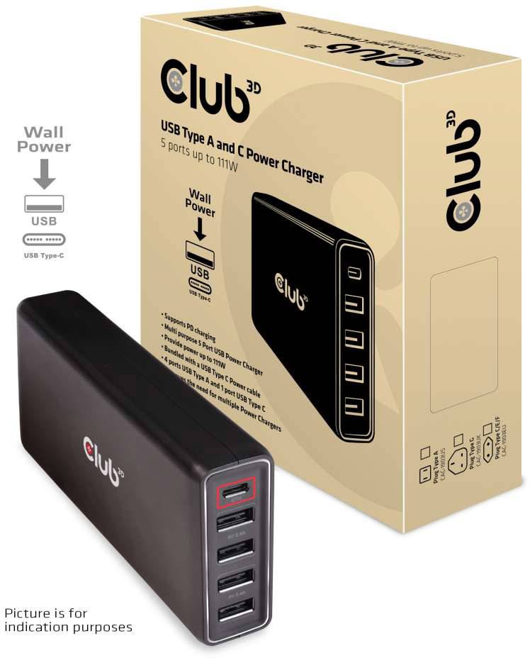 Club3D Schnellladegerät 1xUSB Typ C, 4xUSB Typ A, PD 111W retail - CAC-1903EU