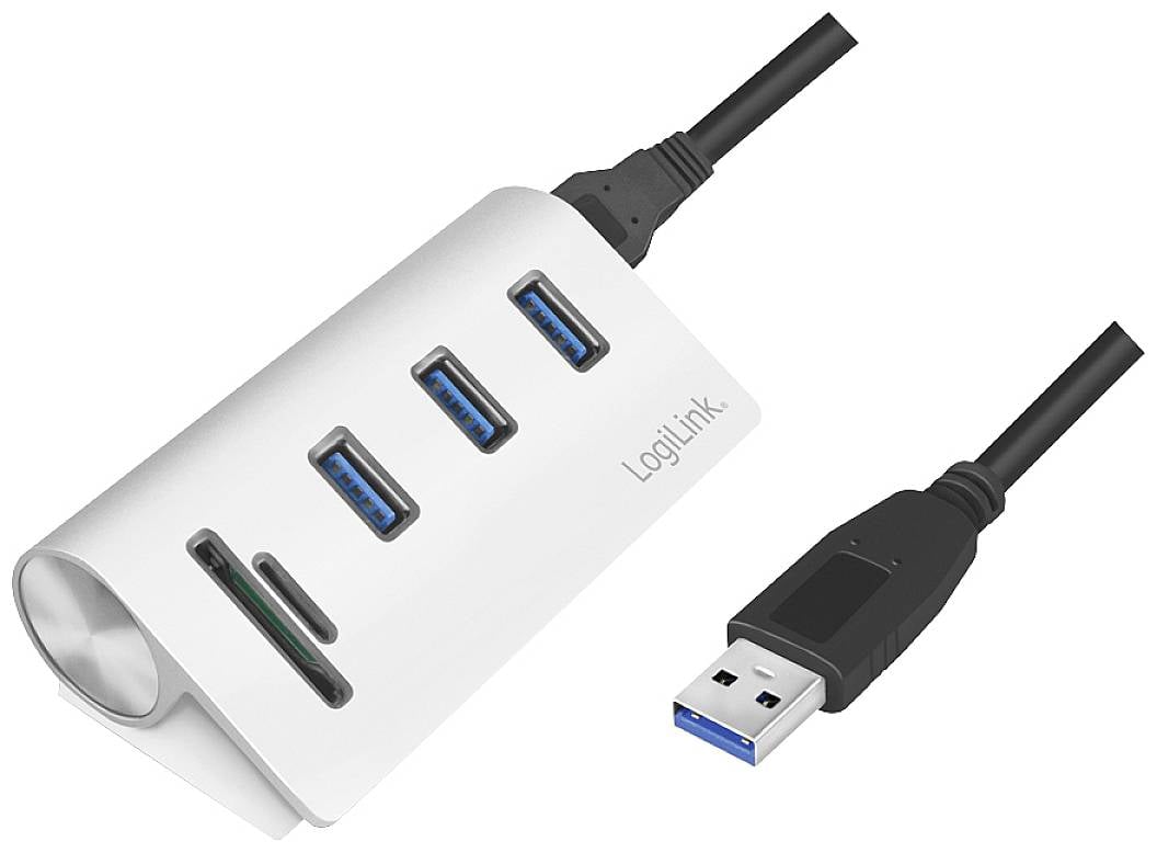 LogiLink USB 3.0 HUB 3-Port, mit Kartenleser, ALU, silber - CR0045